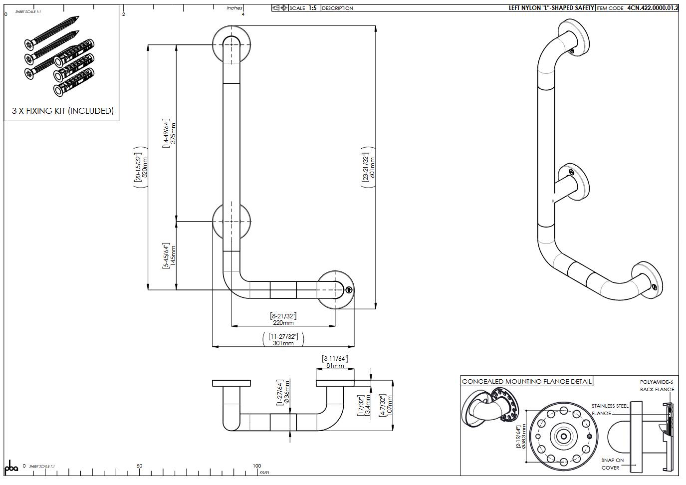 pba 01 Haltegriff mit PRH L 500x750mm, L-Form, aus Nylon