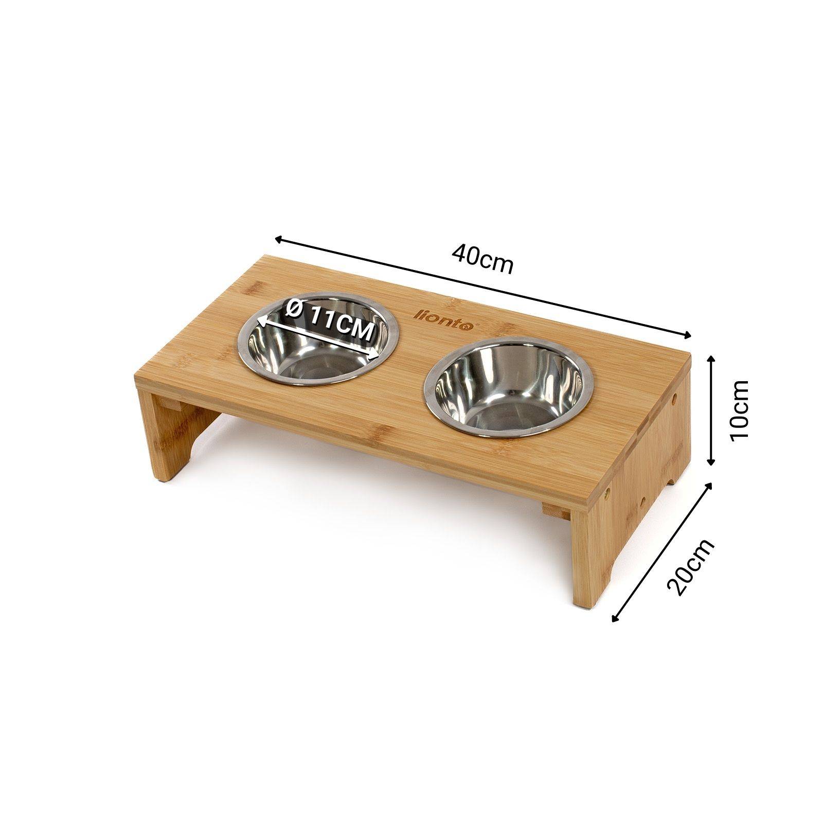 lionto Katzennapfständer, erhöhte Futterstation aus Bambus mit 2 Edelstahlnäpfen, ergonomisch & rutschfest, 40x20x10 cm