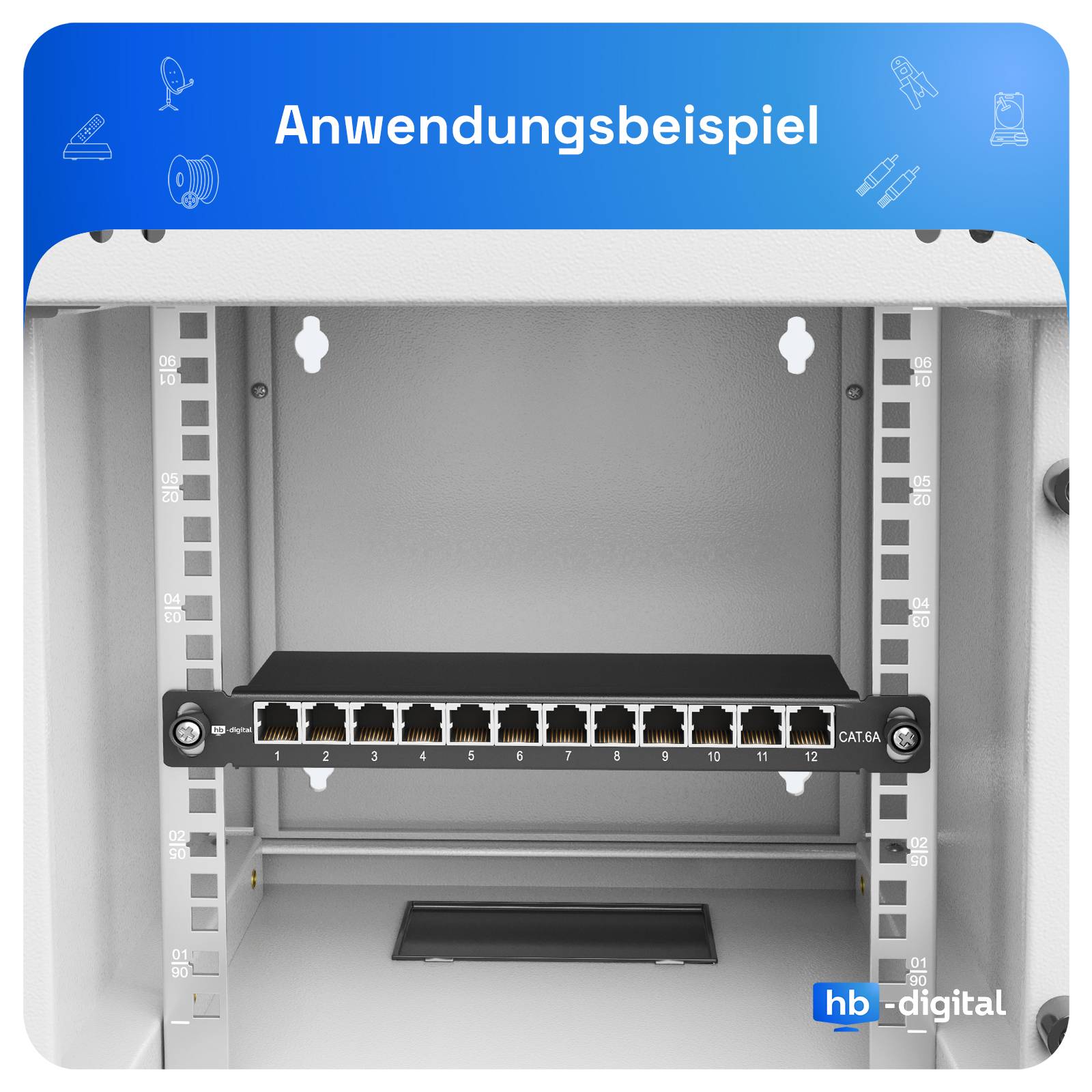 hb-digital Patch Panel CAT 6а 12 Port 10 Zoll Patchfeld 0,5HE schwarz