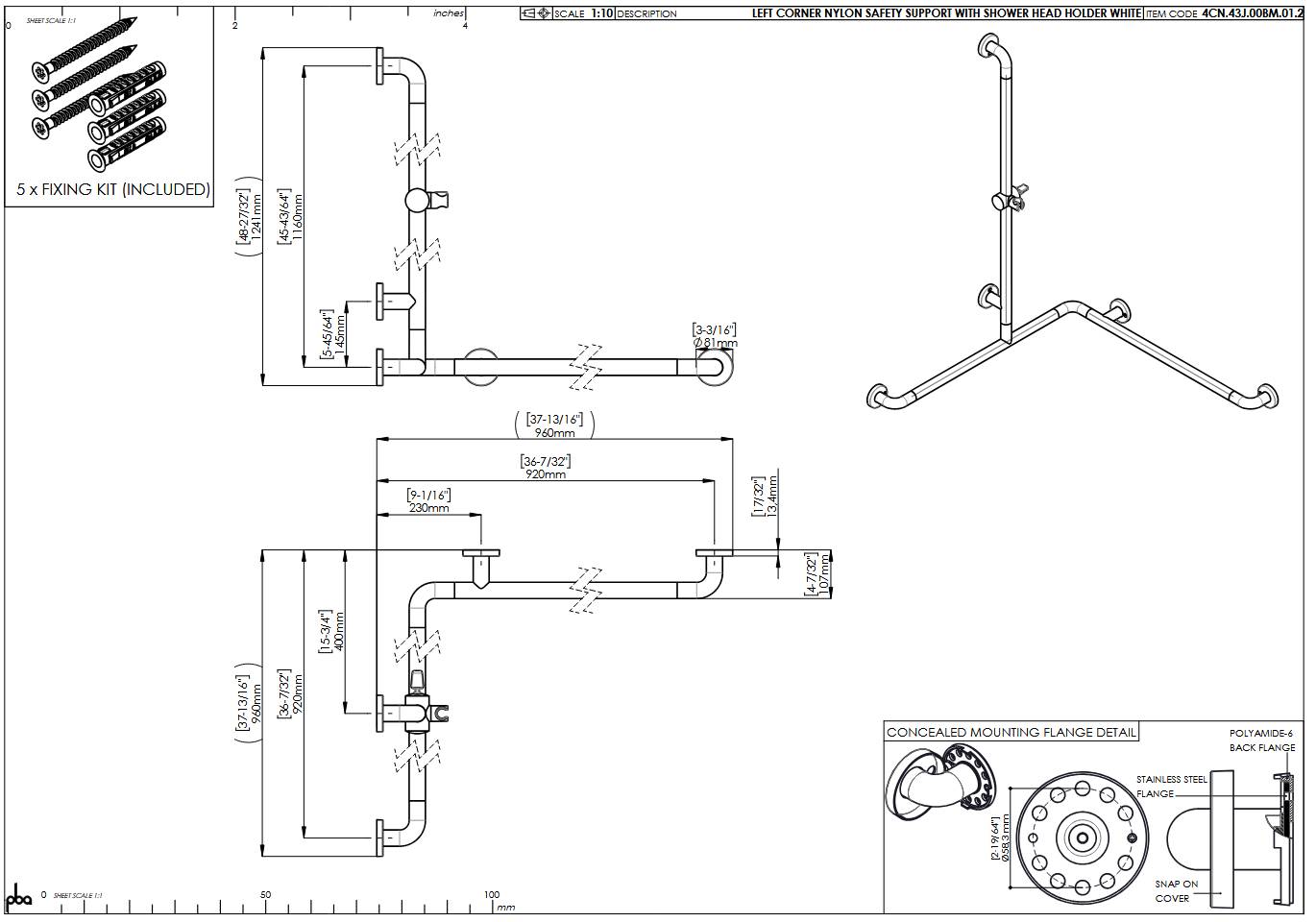 pba 01 Duschhandlauf L 920x920 mit BH, Brausehalterstange 1160mm, aus Nylon