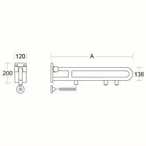 Technische Zeichnung einer wandmontierten Armhalterung mit Abmessungen: 120 mm breit, 200 mm hoch, 136 mm Höhe und Länge 'A' angegeben.