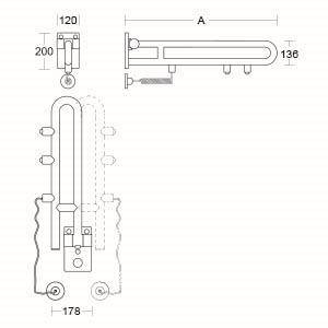 Technische Strichzeichnung einer wandmontierten Metallhalterung oder eines Wandhalters mit Vorder-, Seiten- und Draufsicht, die Abmessungen von 120, 178, 200, 136 und A zeigen.