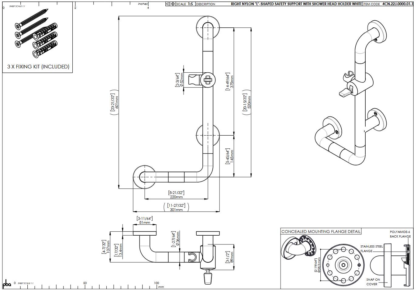pba A1 Haltegriff mit BH R 220x520mm, L-Form, aus Nylon