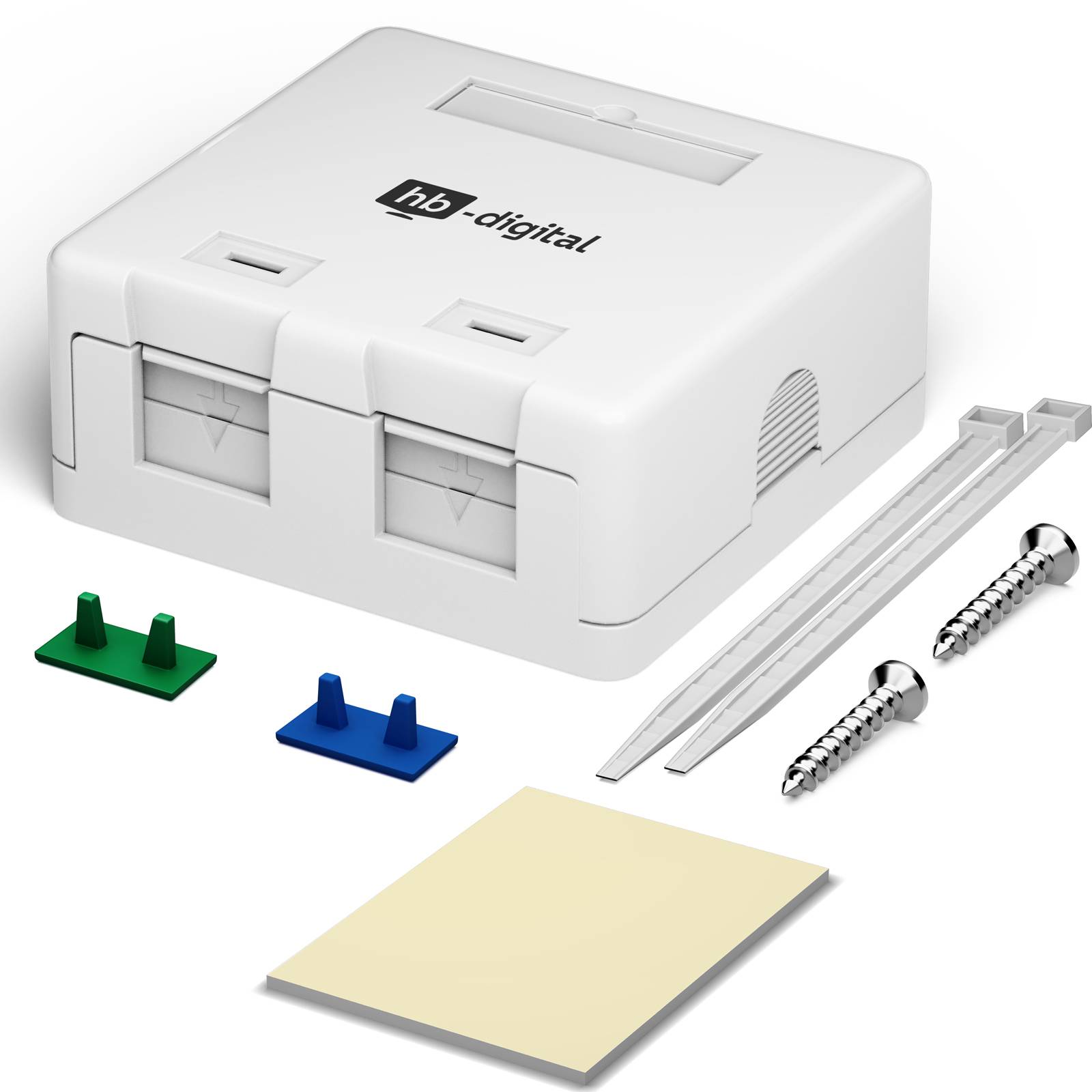 Weiße hb-digital Netzwerkbox oder Wandmontageset mit zwei Kabelbindern, zwei Schrauben, grünem und blauem Wandstecker und gelbem Klebeband.