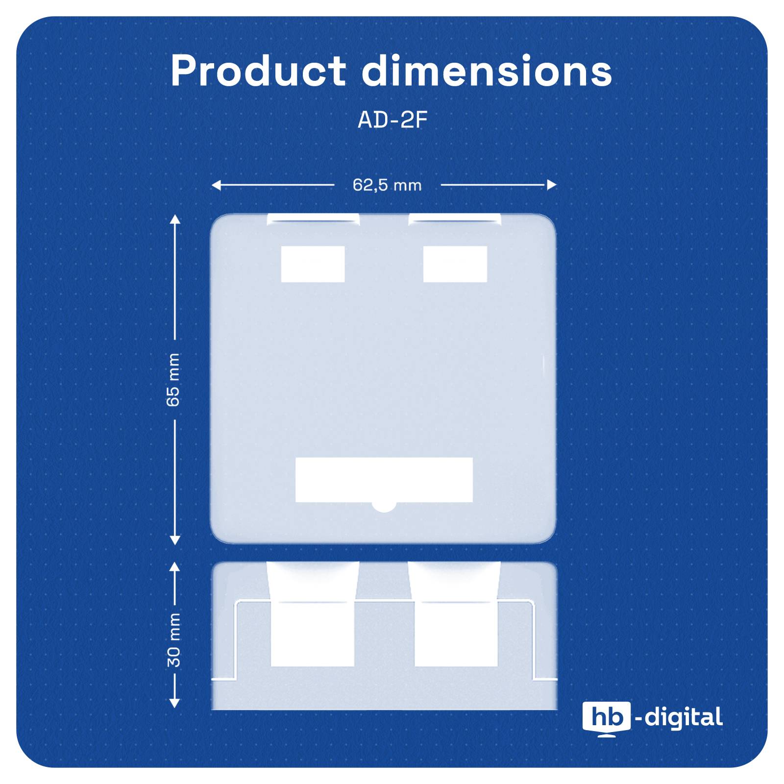 Produktdimensionsdiagramm für AD-2F, das ein quadratisches Gerät mit einer Breite von 62,5 mm und einer Höhe von 65 mm zeigt, mit einem unteren Bereich von 30 mm; hb-digital-Logo.