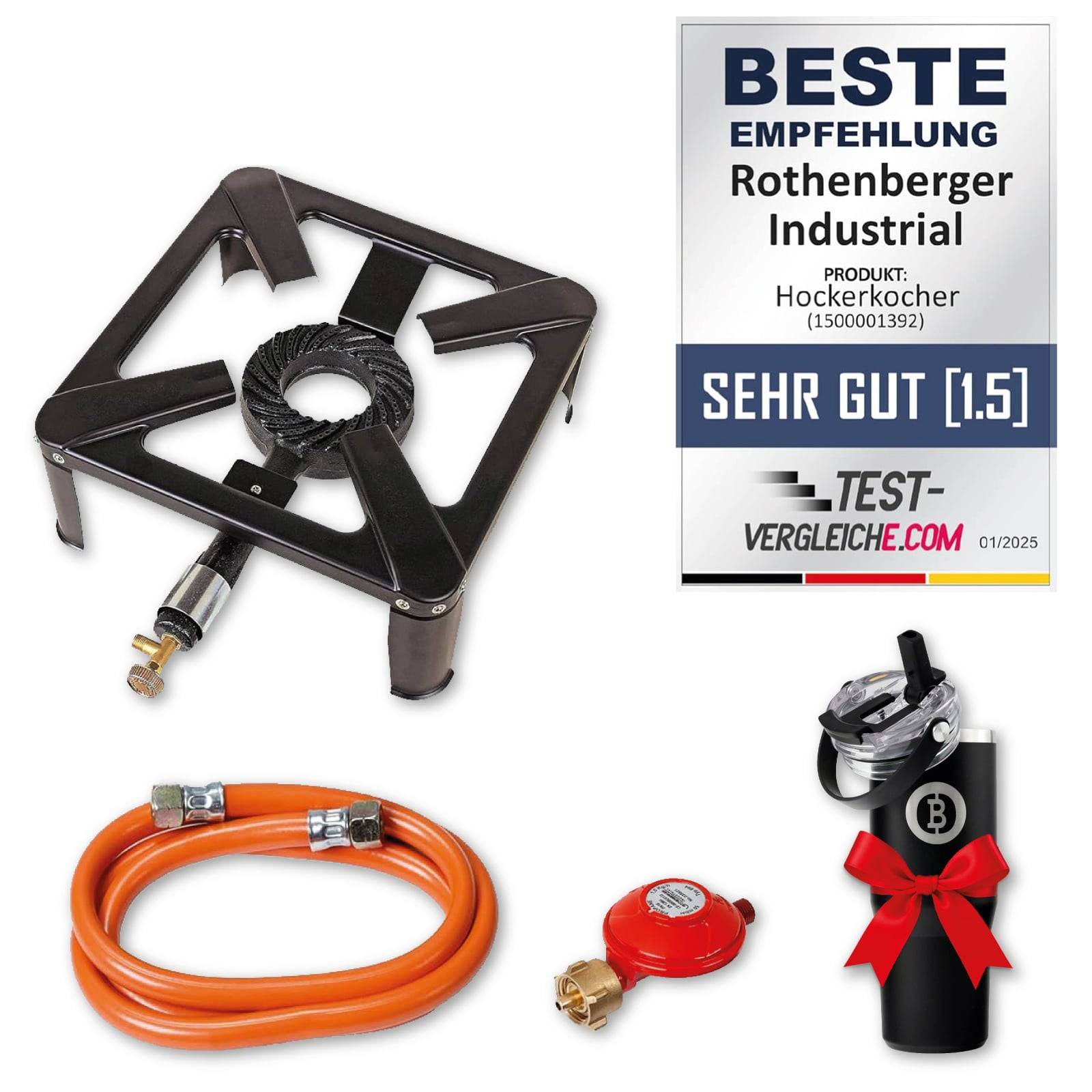 Ein tragbarer Brenner, Schlauch, Regler und Gasbehälter werden neben einem Zertifikat gezeigt, auf dem 