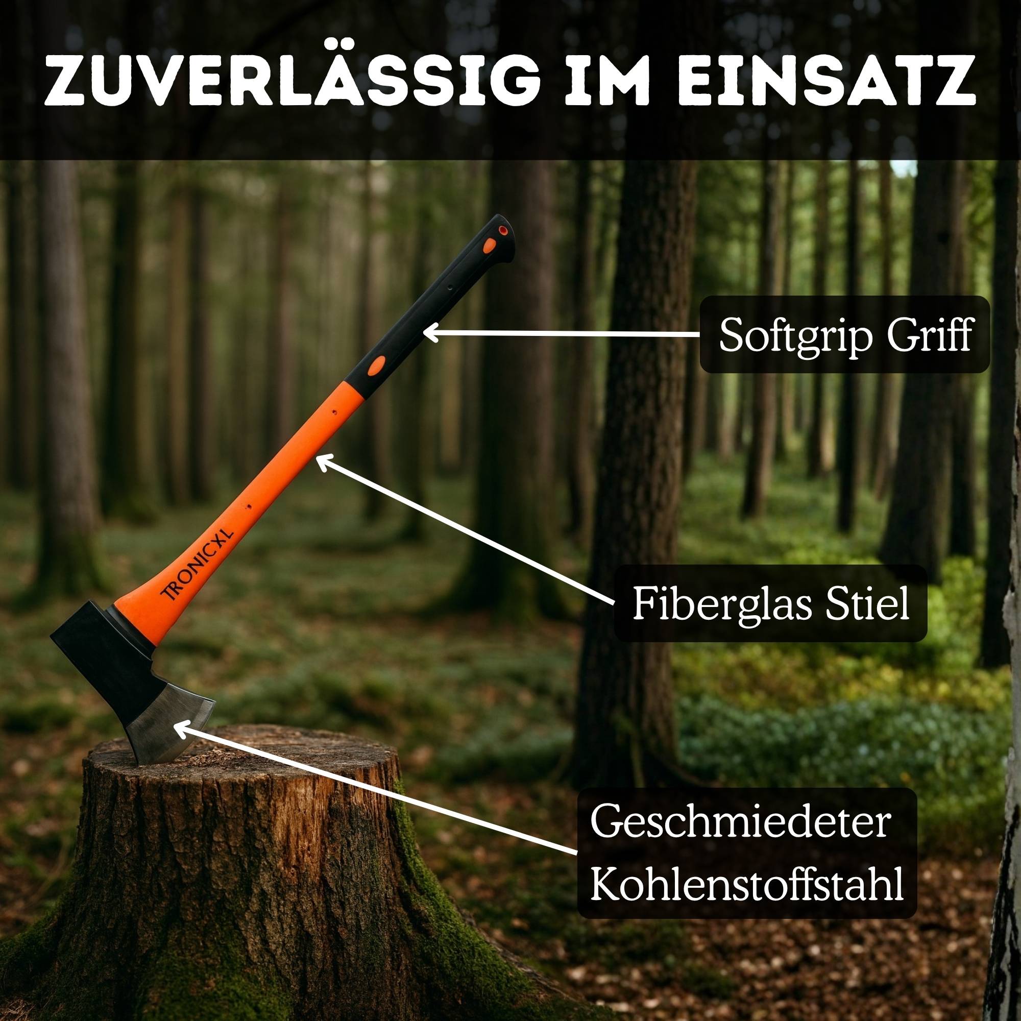 Große Axt Spaltaxt groß Beil Karbon Stahl 2000g Fiberglas Stiel Holz Brennholz