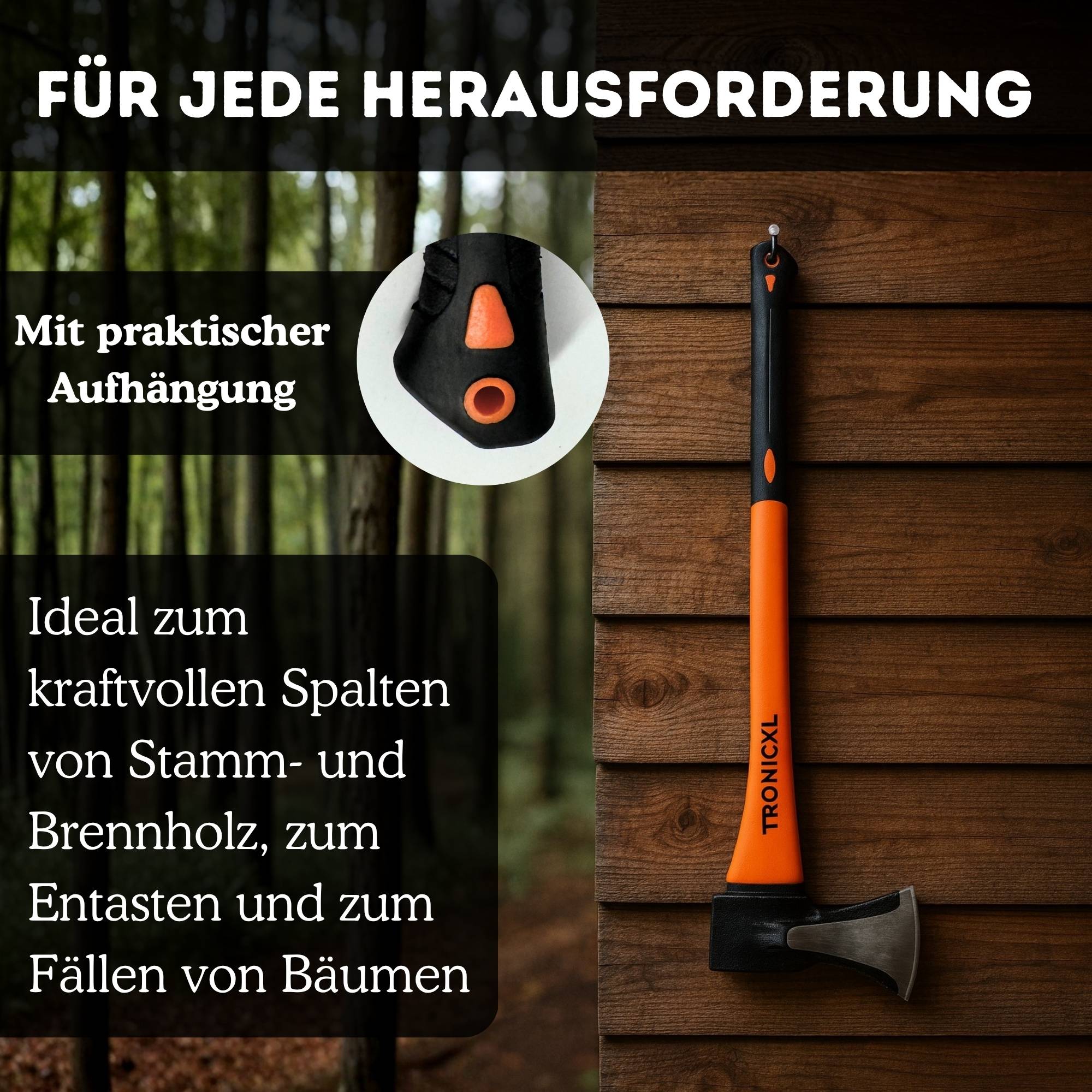 Große Axt Spaltaxt groß Beil Karbon Stahl 2000g Fiberglas Stiel Holz Brennholz