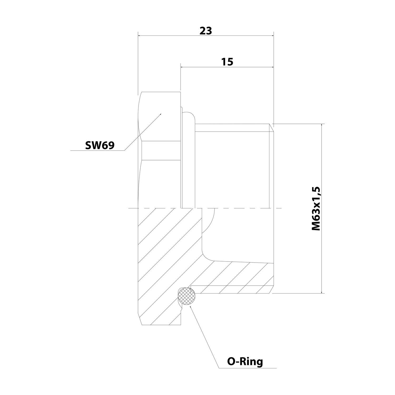 Technische Zeichnung einer Maschinenkomponente mit Abmessungen: 23, 15, M63x1,5. Enthält einen O-Ring an der Basis und ist mit 'SW69' markiert.