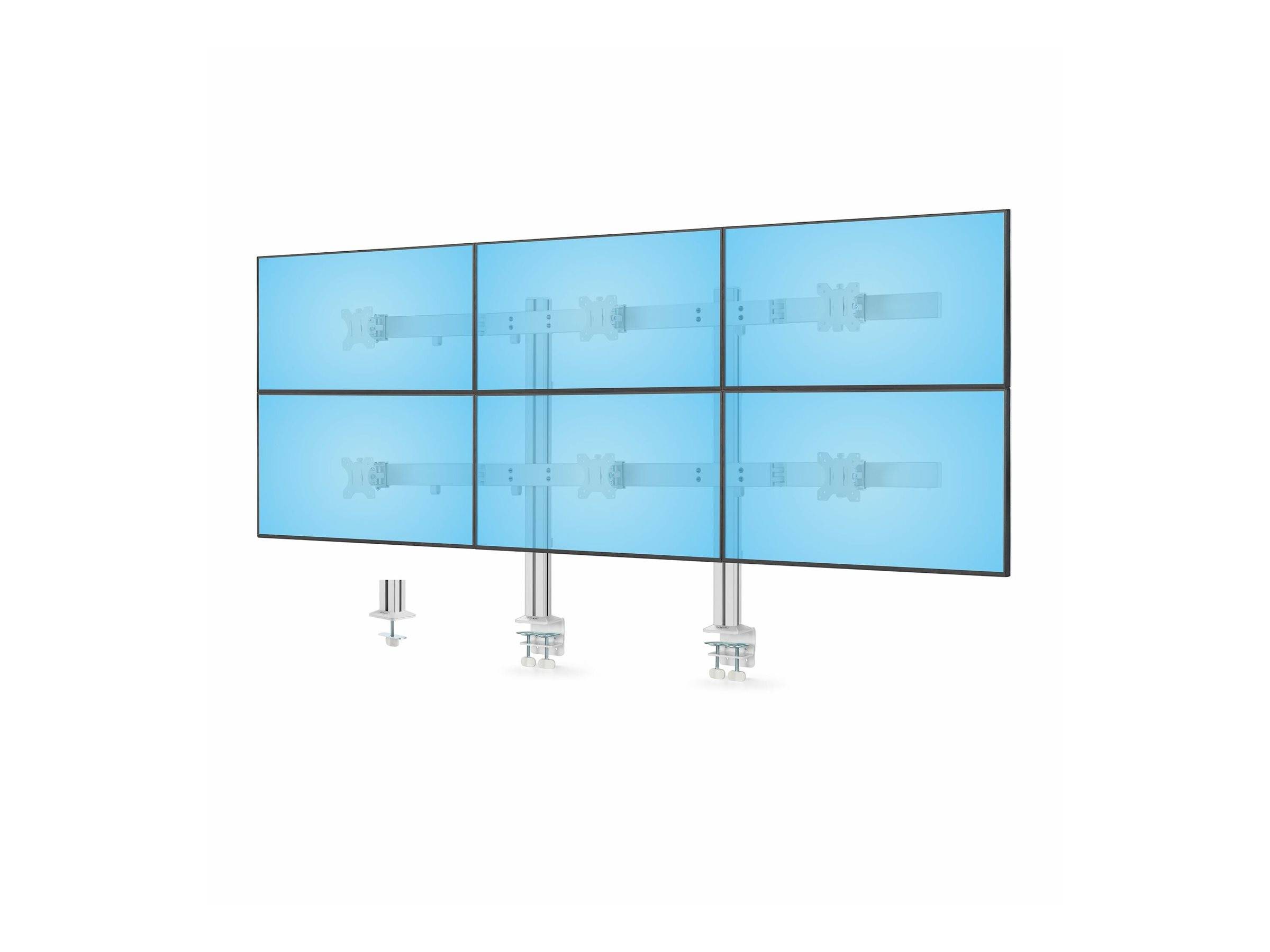 Sechs blaue Bildschirme, die auf verstellbaren Metallarmen in einem 3x2-Raster montiert sind, mit Klemmvorrichtungen zur Befestigung an einem Schreibtisch, entwickelt für eine Multi-Monitor-Konfiguration.