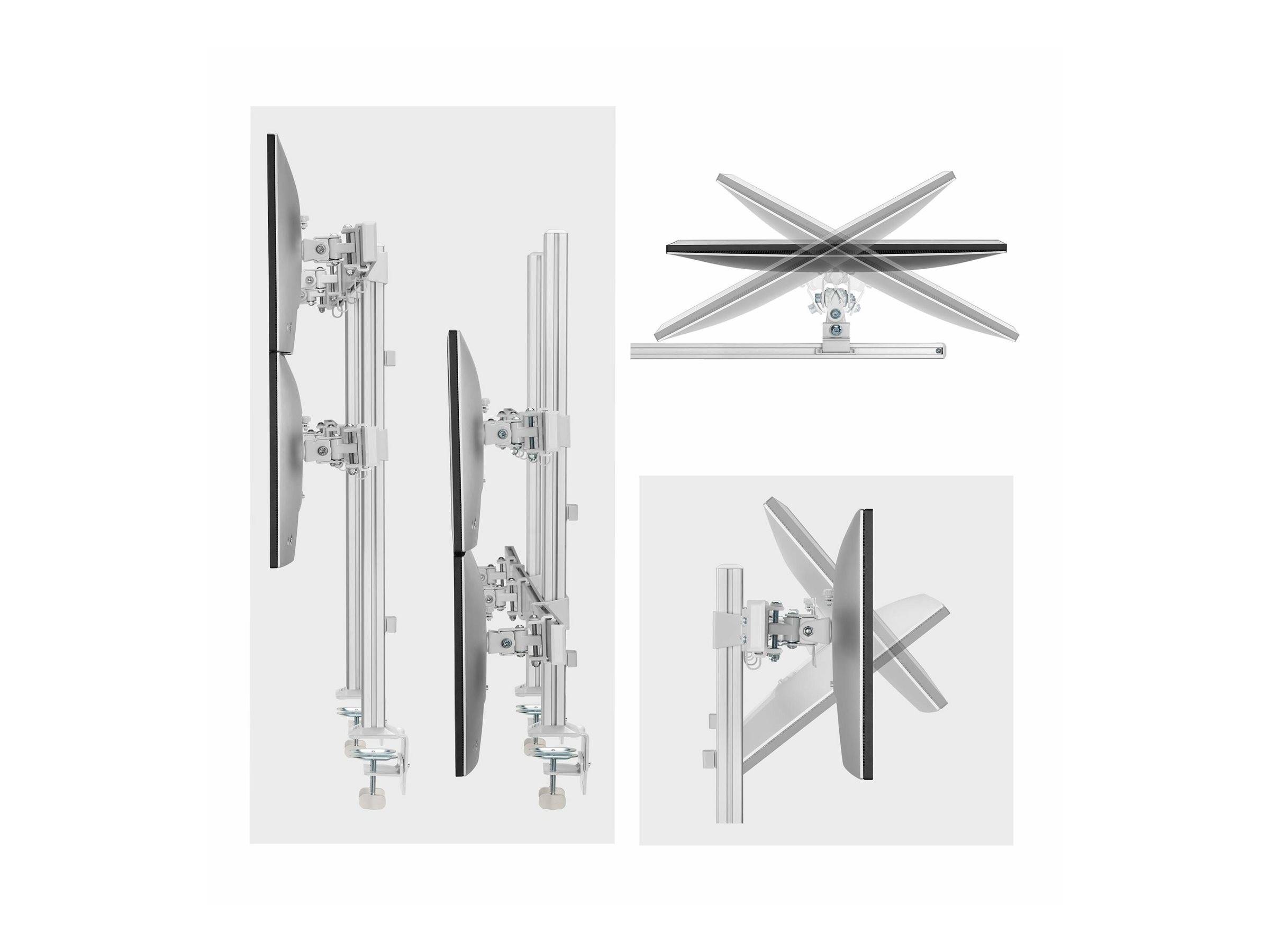 Metallbefestigungshalterungen für Flachbildschirme, dargestellt aus Seiten-, Rück- und Draufsicht, um einstellbare Winkel und Konfigurationen zu veranschaulichen.
