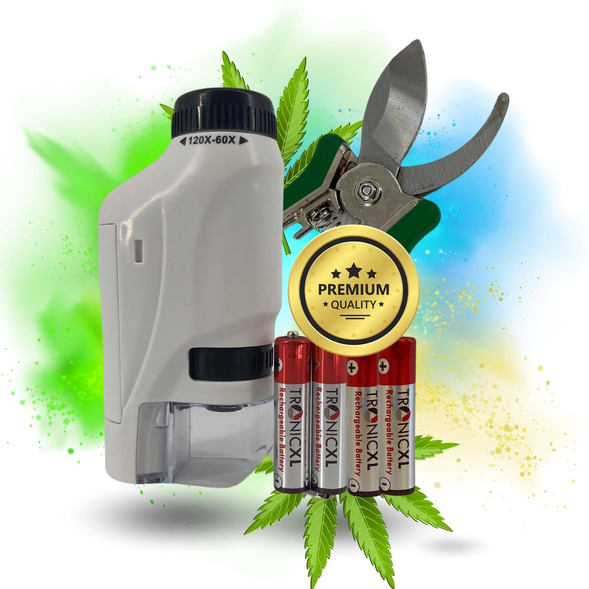 Grow Ernte Helfer I Taschenmikroskop mit LED + Ernteschere + Akkus I Ernte Komplett Set Grower Zubehör für Growbox Cannabis Anbau ernten Erntezeitpu