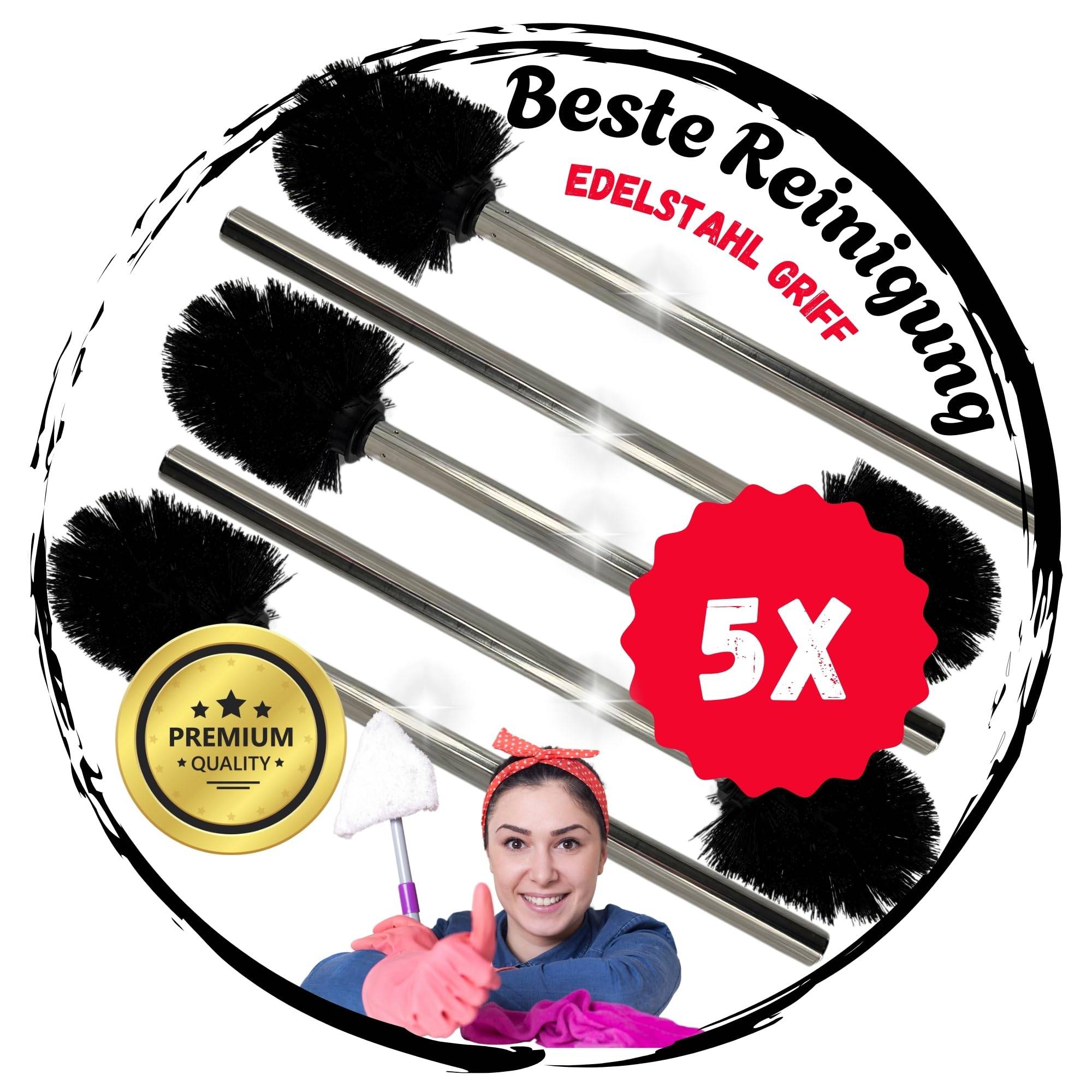 5 Stück Premium Toilettenbürste mit Edelstahl Griff mit auswechselbarem Bürstenkopf lang schwarz Silber WC Bürste Klobürste Toilettenbürste Toil