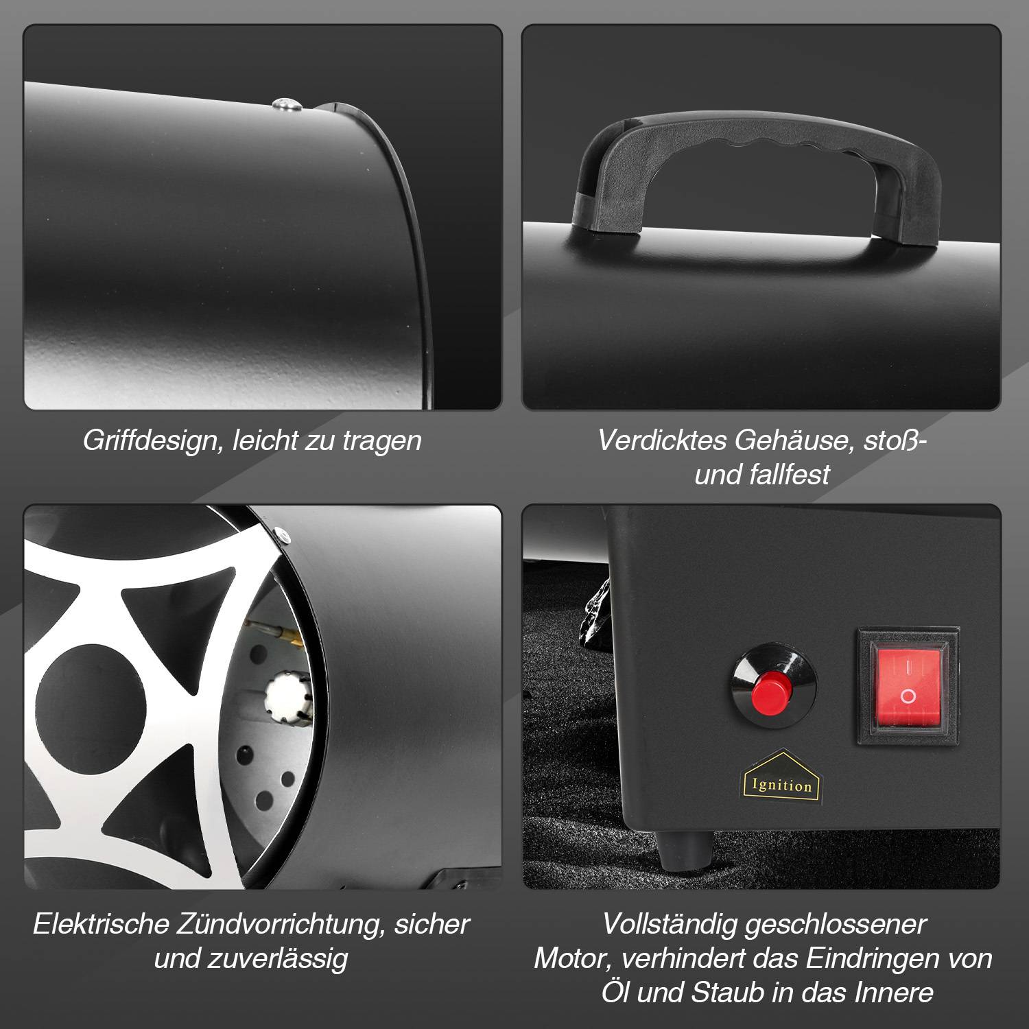 Collage eines tragbaren Ausrüstungskoffers mit Griffgriff, elektrischer Zündspule und rotem Netzschalter, wobei die robuste, versiegelte Konstruktion und sichere Bedienung hervorgehoben werden.
