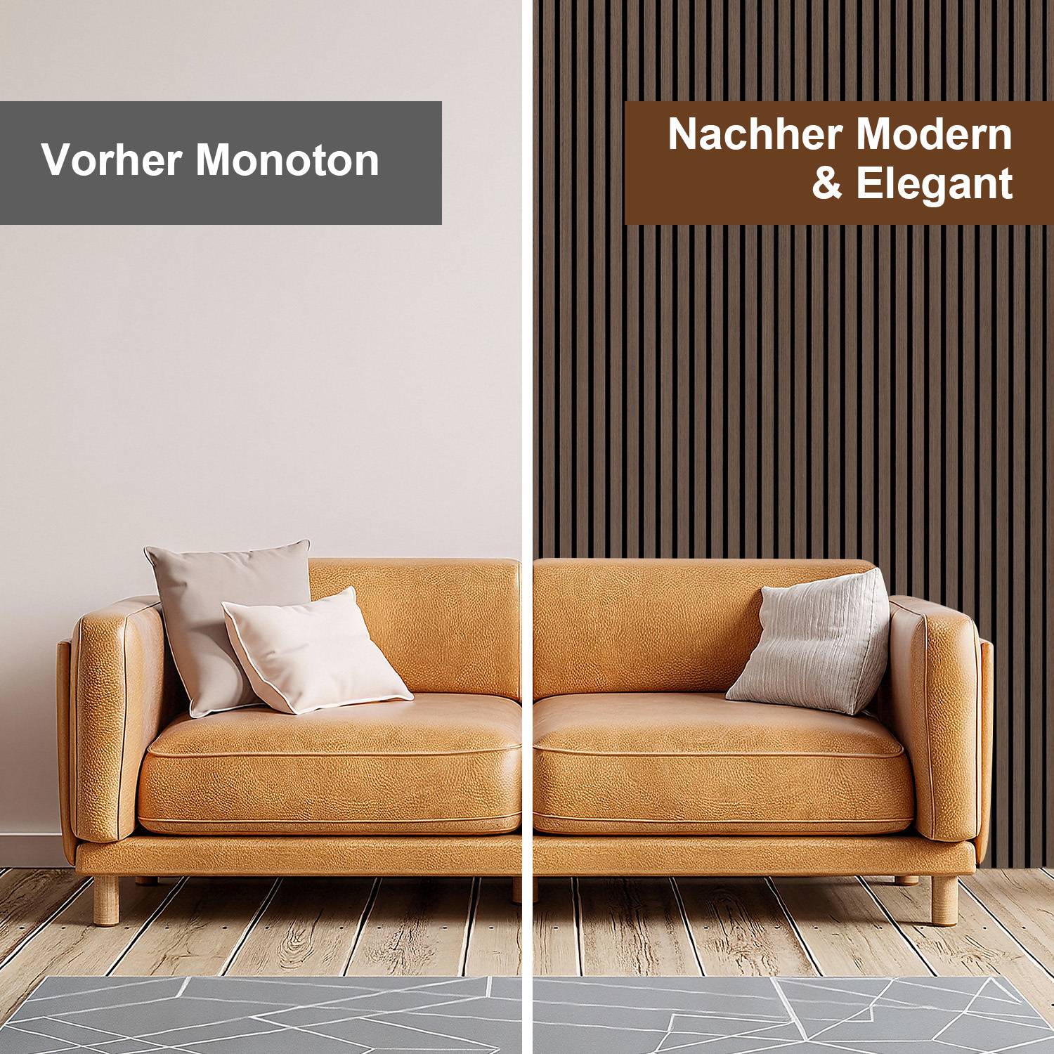 Geteilter Bildschirm Vorher-Nachher Wohnzimmer: links „Vorher Monoton" kahle Wand, rechts „Nachher Modern & Elegant"" mit dunkler Lamellenakzentwand hinter dem gleichen beigefarbenen Sofa.