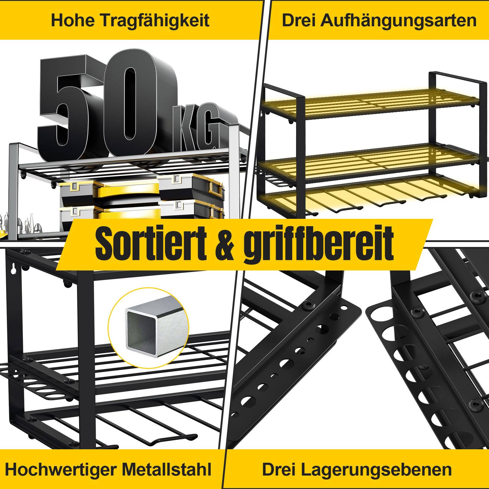 Werkzeughalter,Wandmontiertes Aufbewahrungsregal für Elektrowerkzeuge,Schwarzes Werkzeugregal für die Garage
