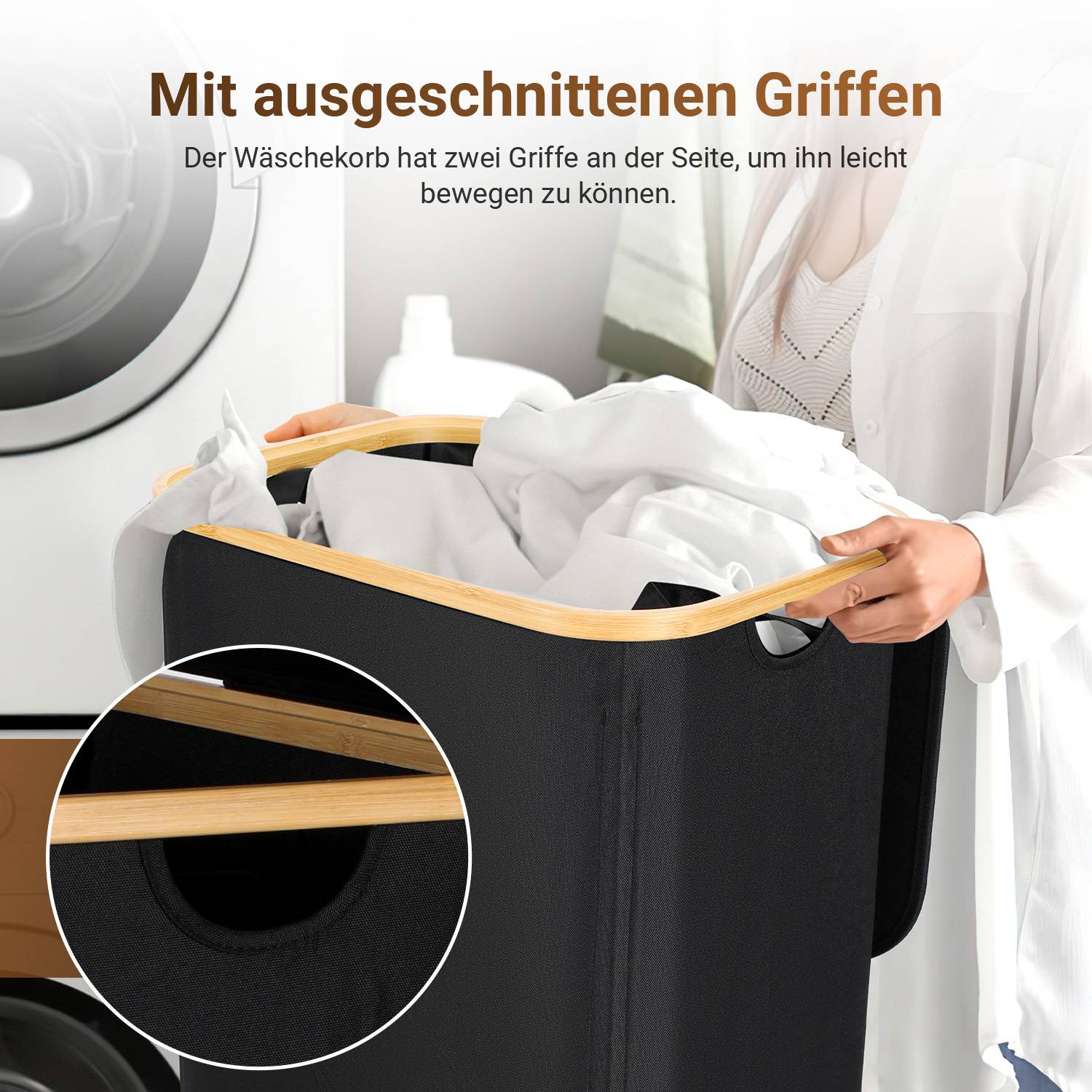 Wäschekorb mit Deckel, herausnehmbarem Wäschesack, platzsparend, schwarz, 100L
