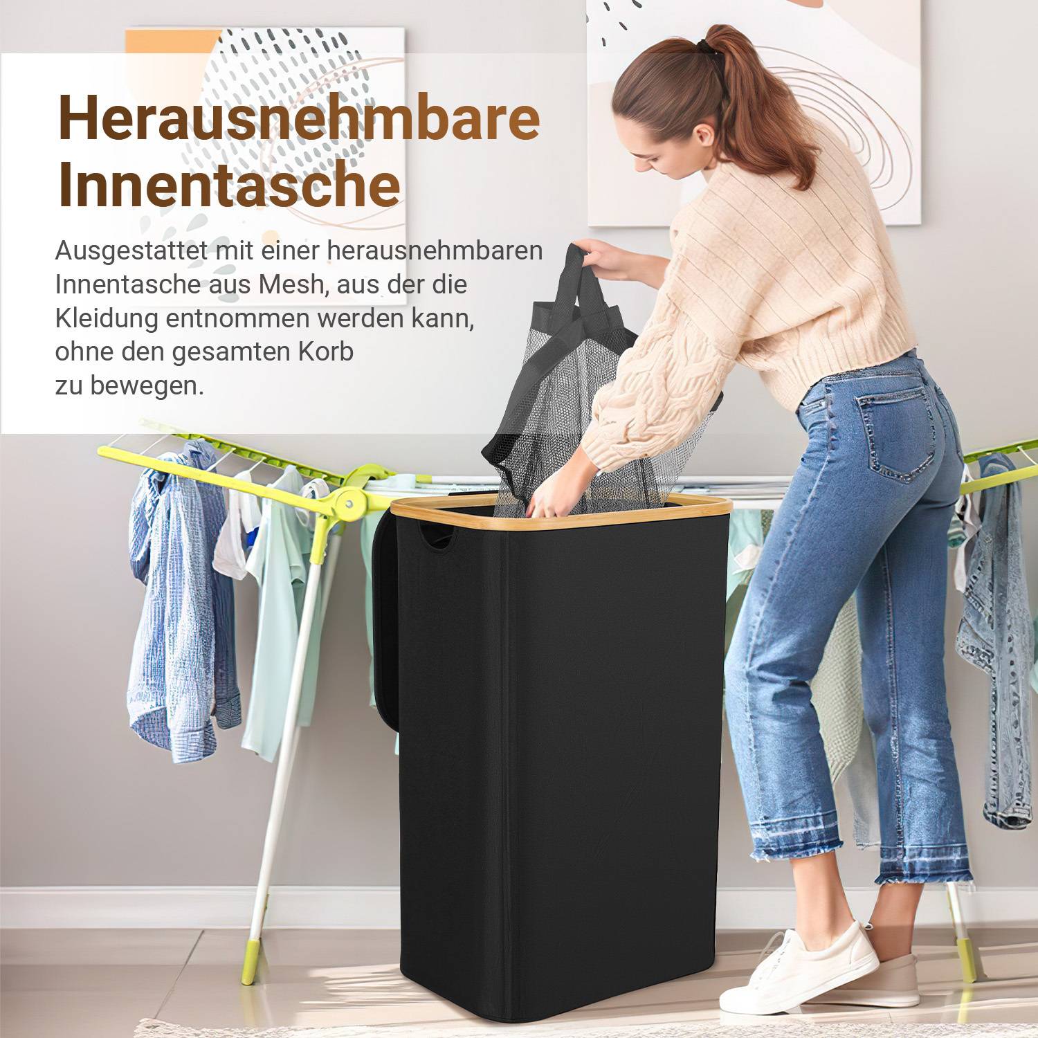 Wäschekorb mit Deckel, herausnehmbarem Wäschesack, platzsparend, schwarz, 100L