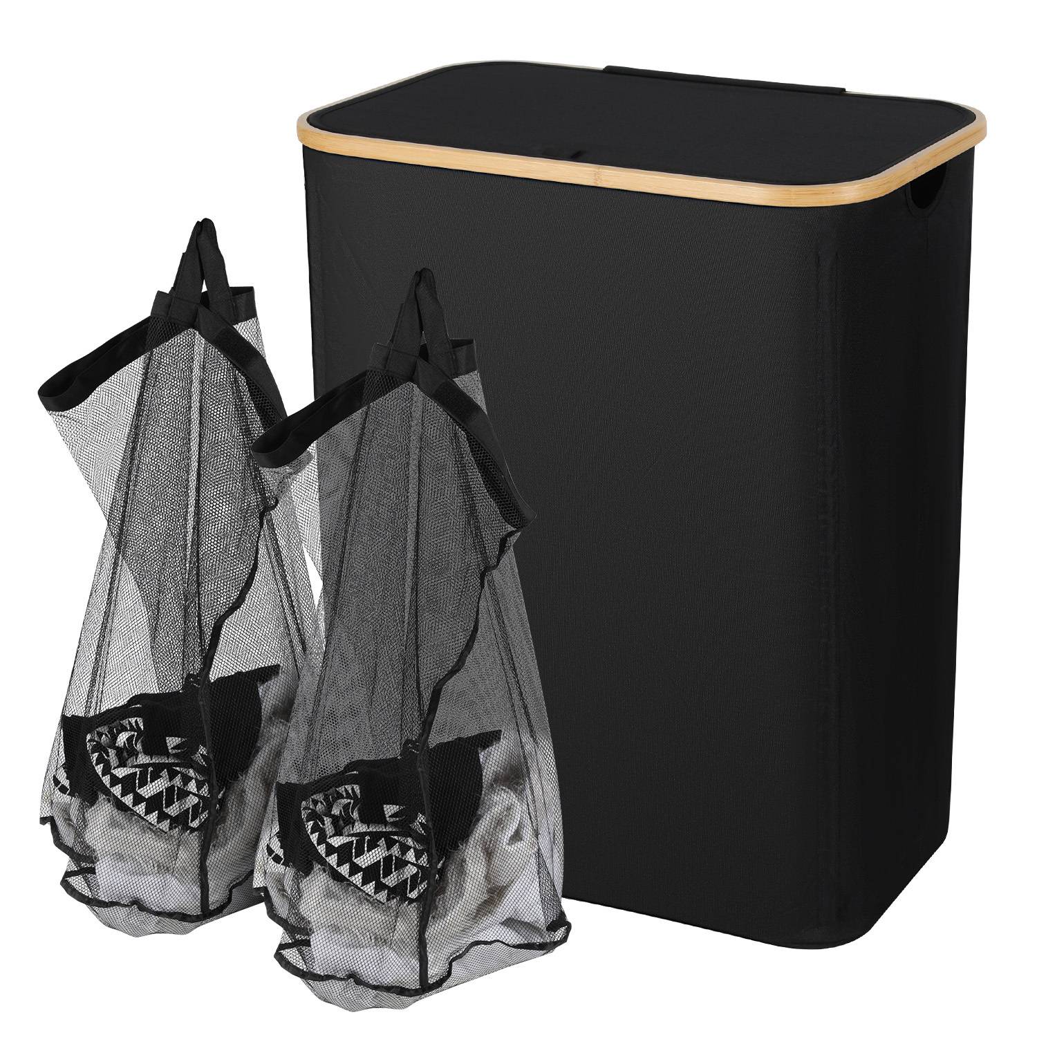 Wäschekorb mit Deckel, herausnehmbarem Wäschesack, platzsparend, schwarz, 145L