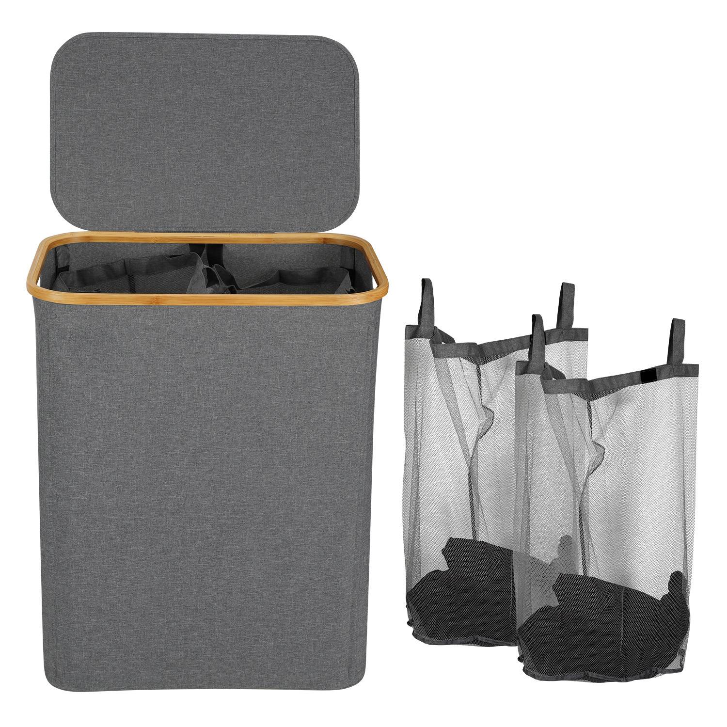 Wäschekorb mit Deckel, herausnehmbarem Wäschesack, platzsparend, Grau, 145L