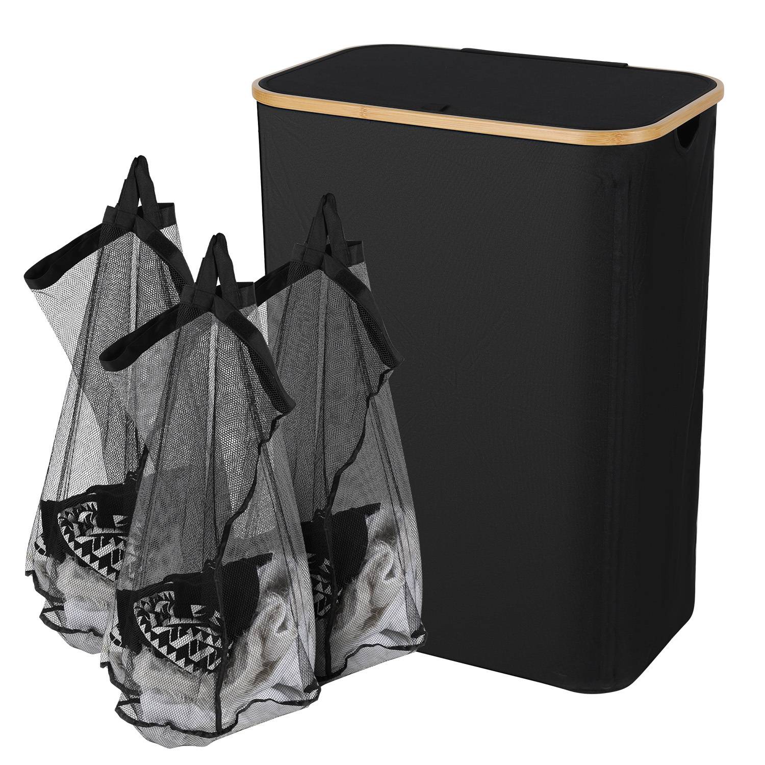 Wäschekorb mit Deckel, herausnehmbarem Wäschesack, platzsparend, schwarz, 160L