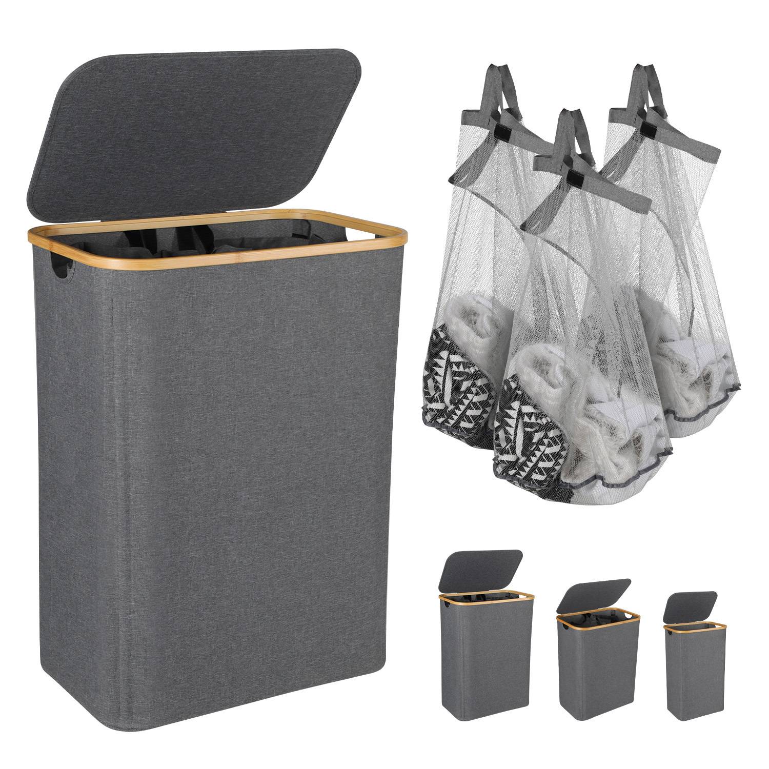 Wäschekorb mit Deckel, herausnehmbarem Wäschesack, platzsparend, Grau, 160L