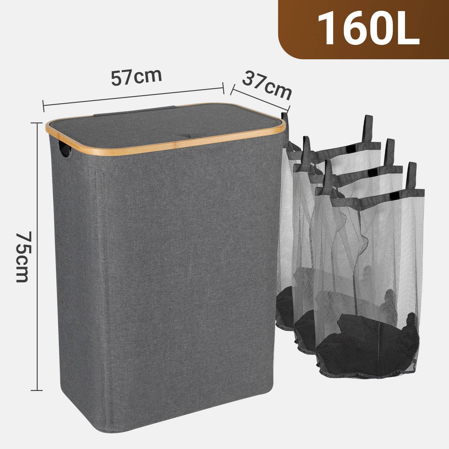 Wäschekorb mit Deckel, herausnehmbarem Wäschesack, platzsparend, Grau, 160L