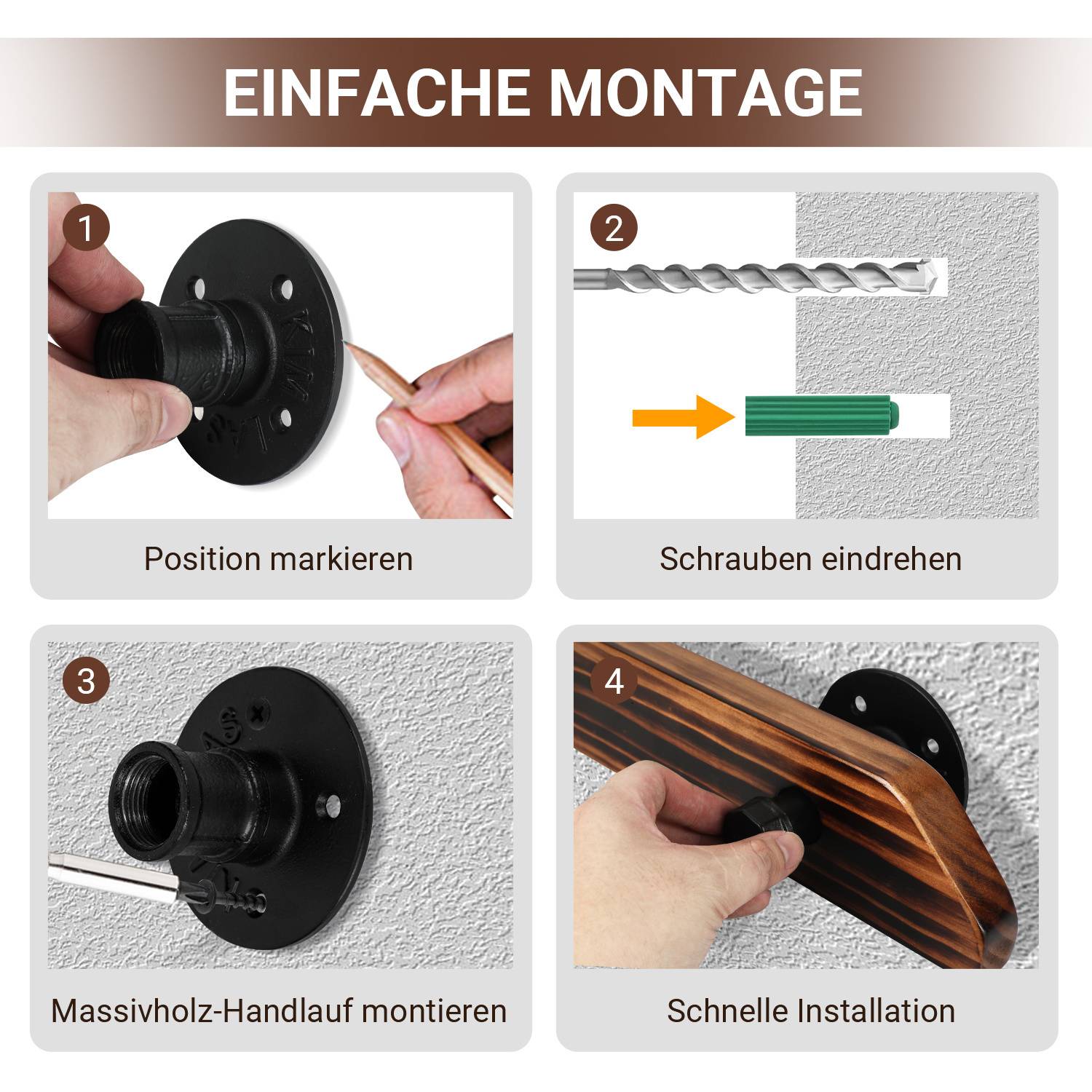 Buche Handlauf 200cm Geländer mit 2 Halter Halterung verschiedene Kugelring