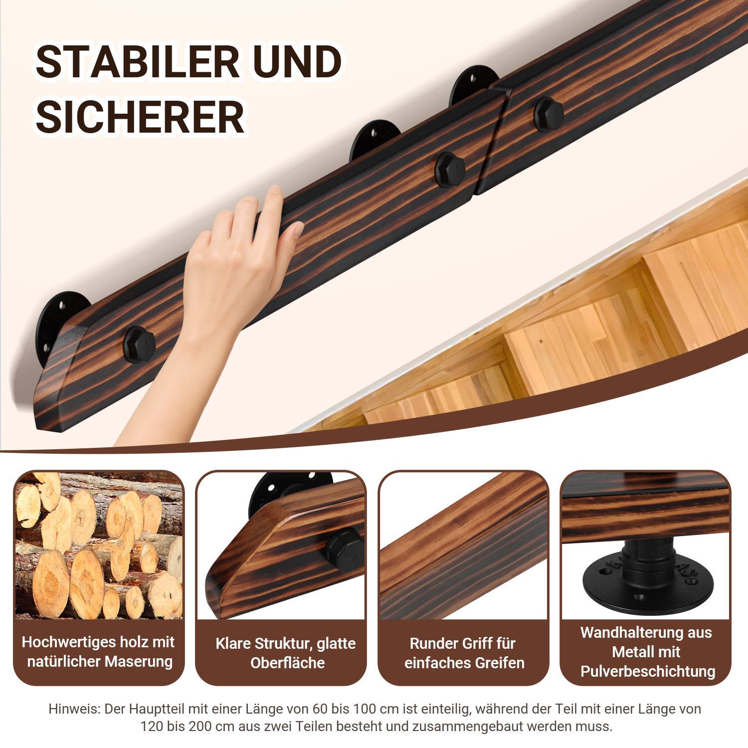 Buche Handlauf 200cm Geländer mit 2 Halter Halterung verschiedene Kugelring