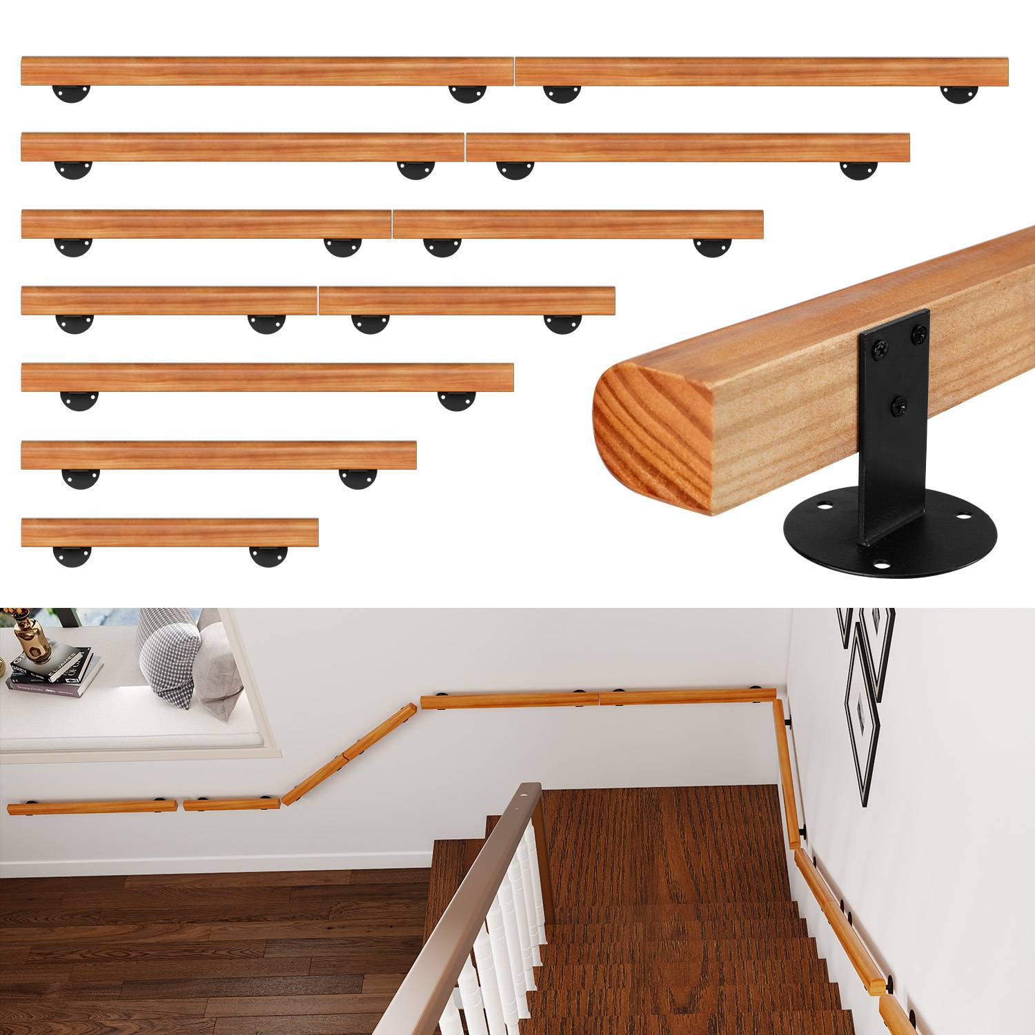 Wandmontiertes Holzhandlaufset in verstellbaren Längen, installiert entlang einer Treppe zur Unterstützung.