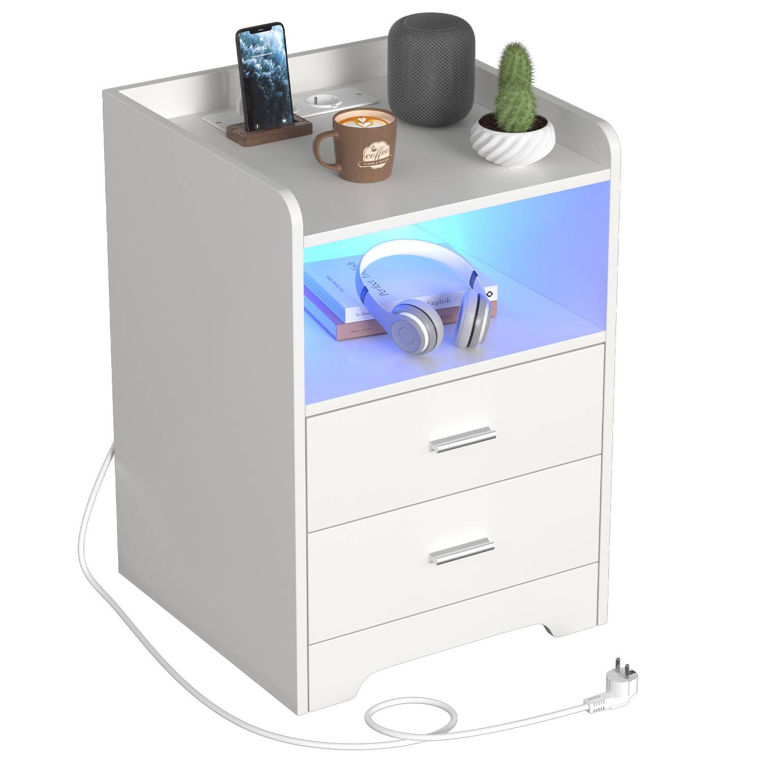 Nachttisch Sofatisch mit LED-Beleuchtung, Nachtschrank mit Ladestation Weiß<br>(1-St), 2 Schubladen für Schlafzimmer, Wohnzimmer Weiß