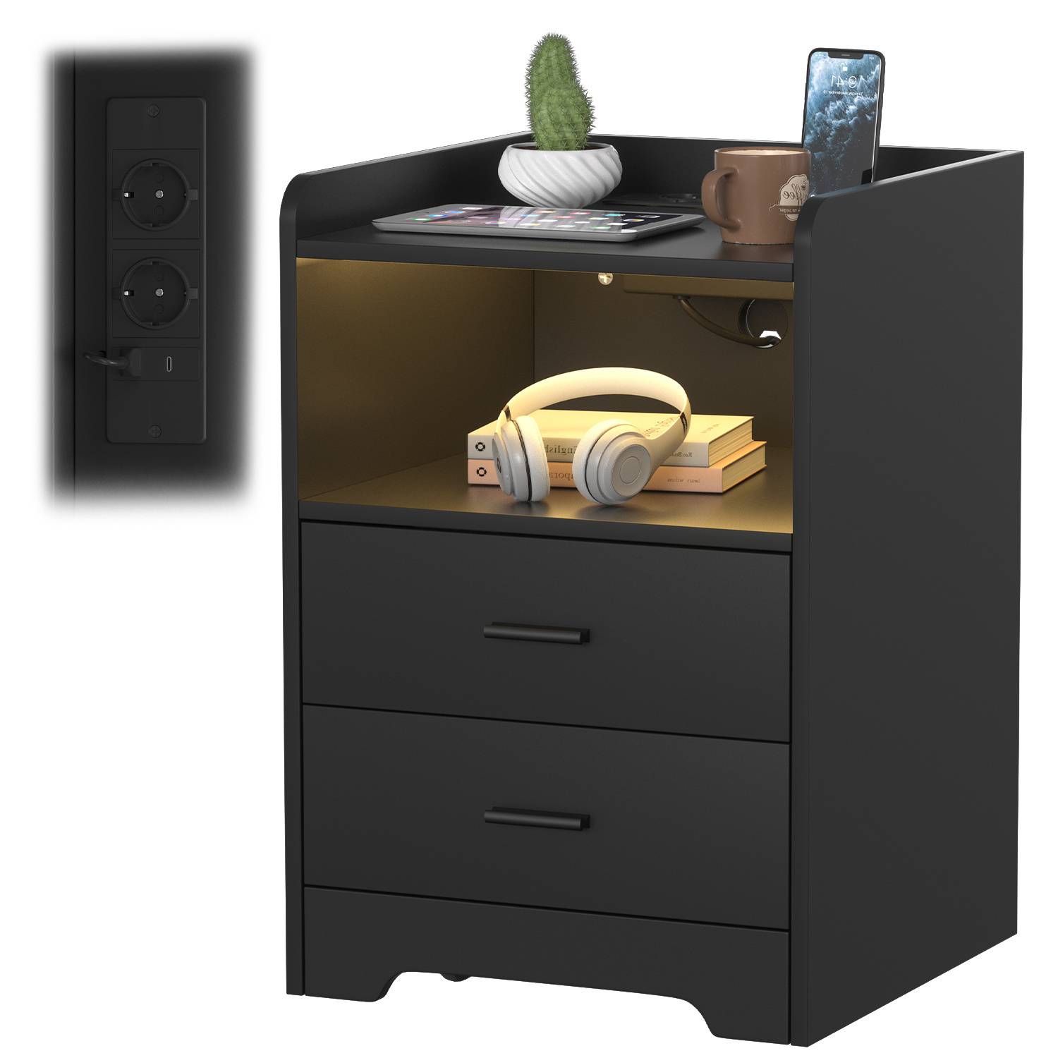 Nachttisch Sofatisch mit LED-Beleuchtung, Nachtschrank mit Ladestation Schwarz 2pcs<br>(2-St), 2 Schubladen für Schlafzimmer, Wohnzimmer Schwarz