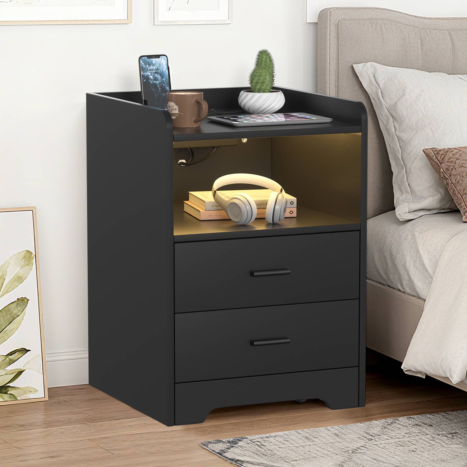 Nachttisch Sofatisch mit LED-Beleuchtung, Nachtschrank mit Ladestation Schwarz 2pcs<br>(2-St), 2 Schubladen für Schlafzimmer, Wohnzimmer Schwarz