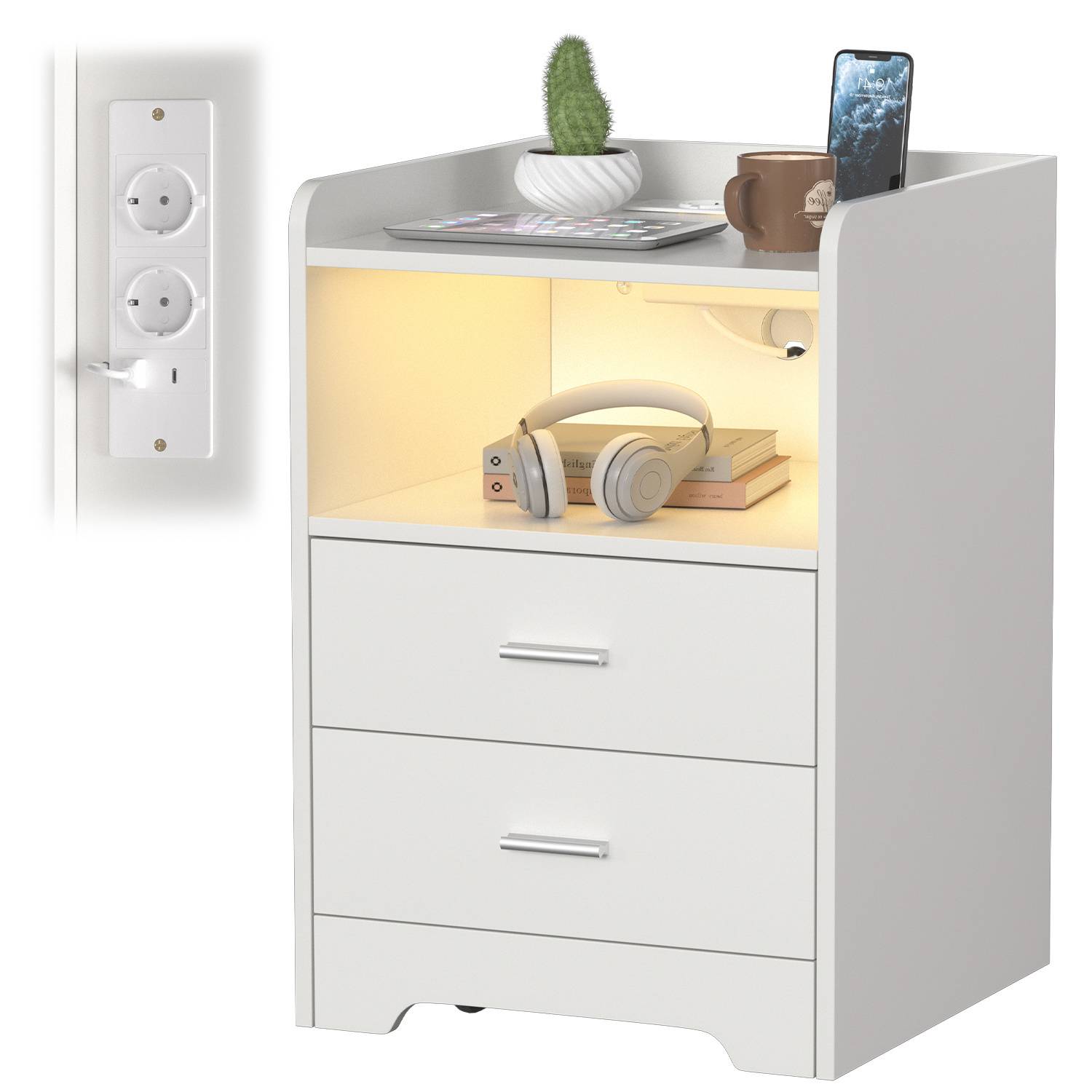 Nachttisch Sofatisch mit LED-Beleuchtung, Nachtschrank mit Ladestation Weiß 2pcs<br>(2-St), 2 Schubladen für Schlafzimmer, Wohnzimmer Weiß