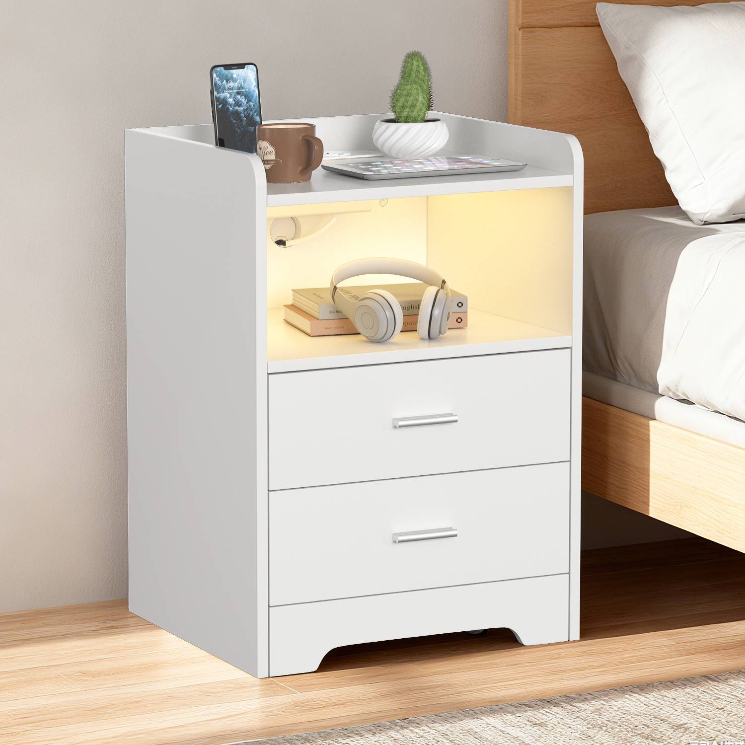Nachttisch Sofatisch mit LED-Beleuchtung, Nachtschrank mit Ladestation Weiß 2pcs<br>(2-St), 2 Schubladen für Schlafzimmer, Wohnzimmer Weiß