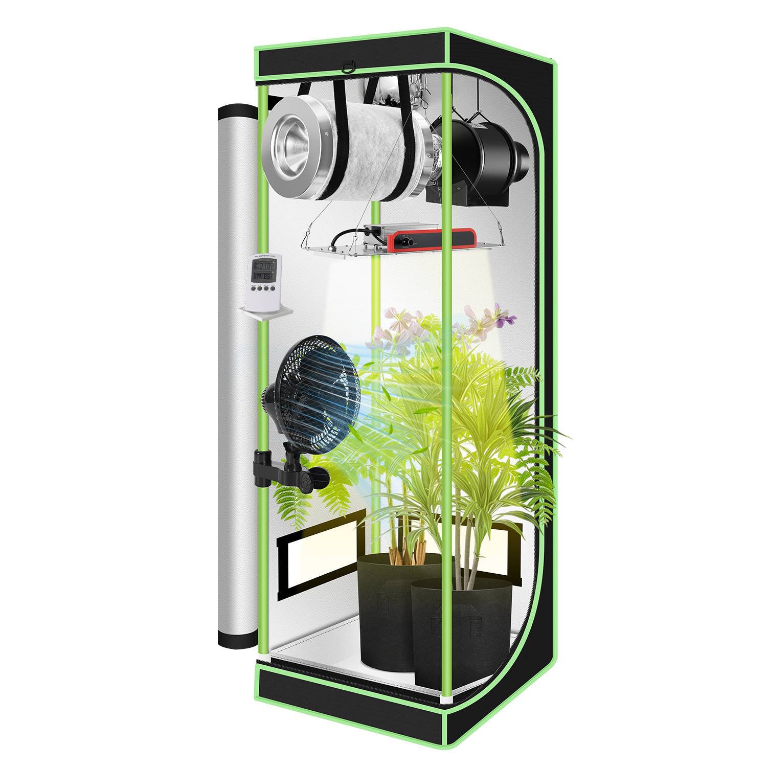 Growbox Komplettset,Indoor Gewächshaus mit 100W LED Vollspektrum Dimmbar, Carbon-Filter, Ventilator, Anzuchtzelt, Zuchtzelt,60x60x140