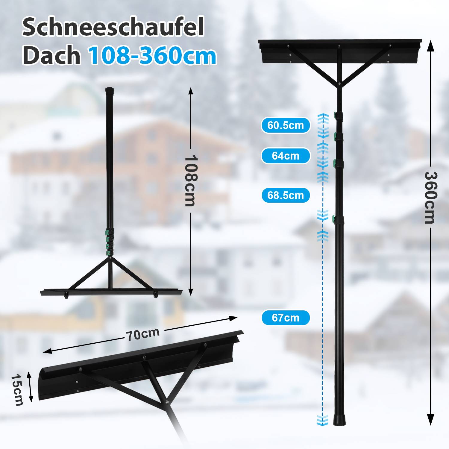 Schneeschieber Dach mit Rollen, Einstellbereich 108-360 cm, Schneeschaufel mit Gummielippe & Rutschfester Griff, Schneeräumer für Hausdach Fahrzeug