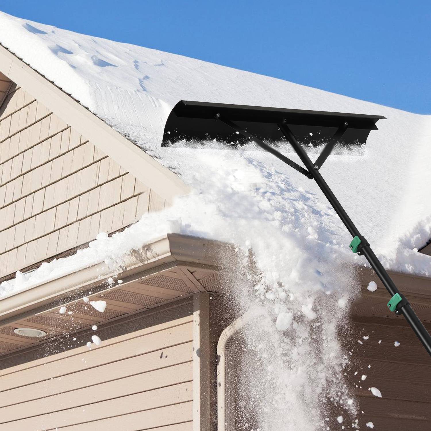 Schneeschaufel Dach mit Rollen, Einstellbereich 108-360 cm, Dachschneeräumer aus Aluminium, Schneeräumer mit rutschfestem Griff, Schneeschieber Dach