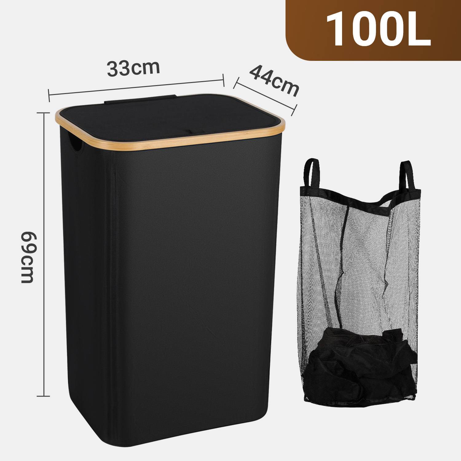 Wäschekorb mit Deckel, herausnehmbarem Wäschesack, platzsparend, schwarz, 100L