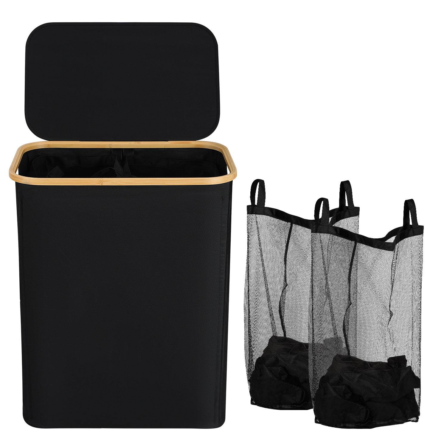 Wäschekorb mit Deckel, herausnehmbarem Wäschesack, platzsparend, schwarz, 145L