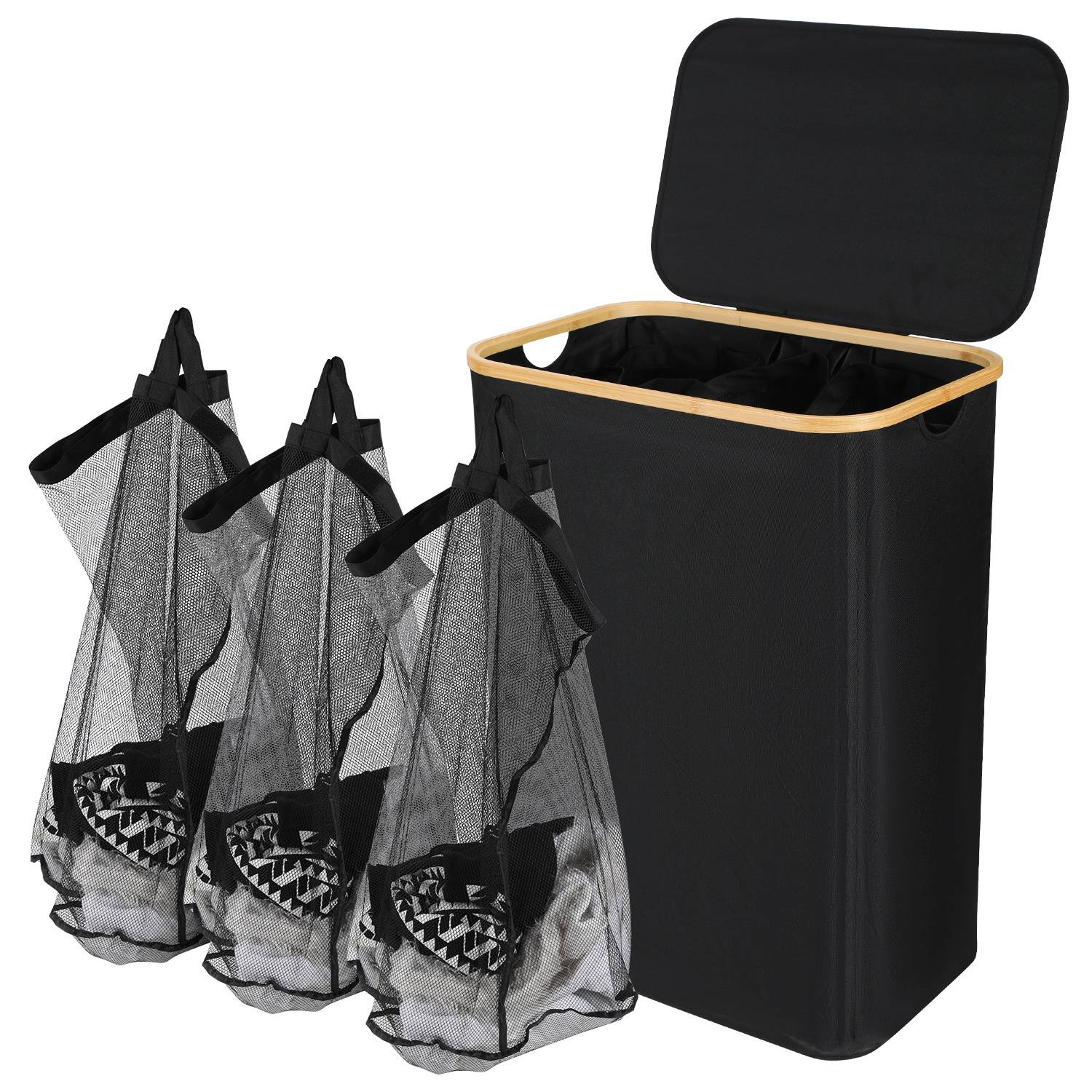 Wäschekorb mit Deckel, herausnehmbarem Wäschesack, platzsparend, schwarz, 160L