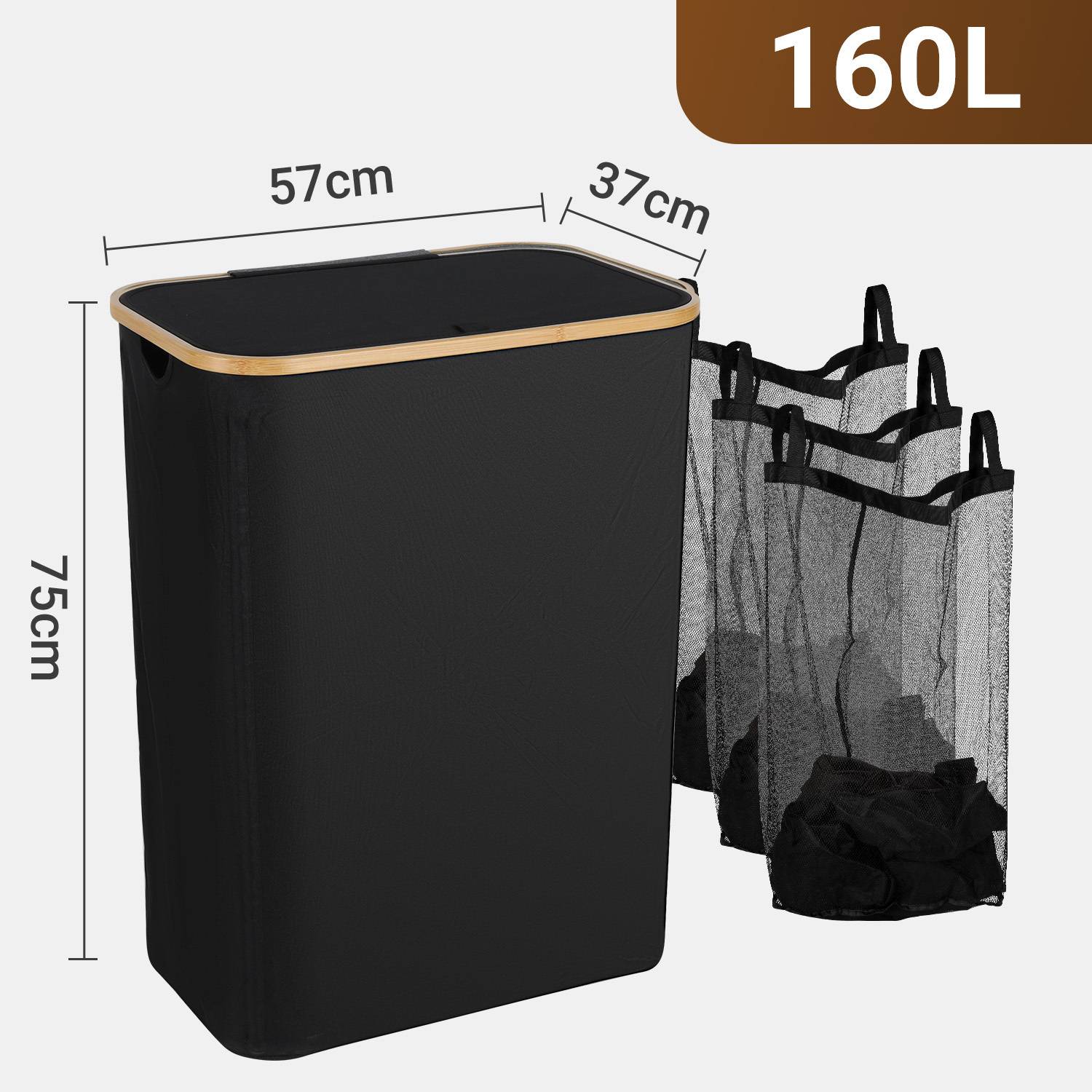Wäschekorb mit Deckel, herausnehmbarem Wäschesack, platzsparend, schwarz, 160L