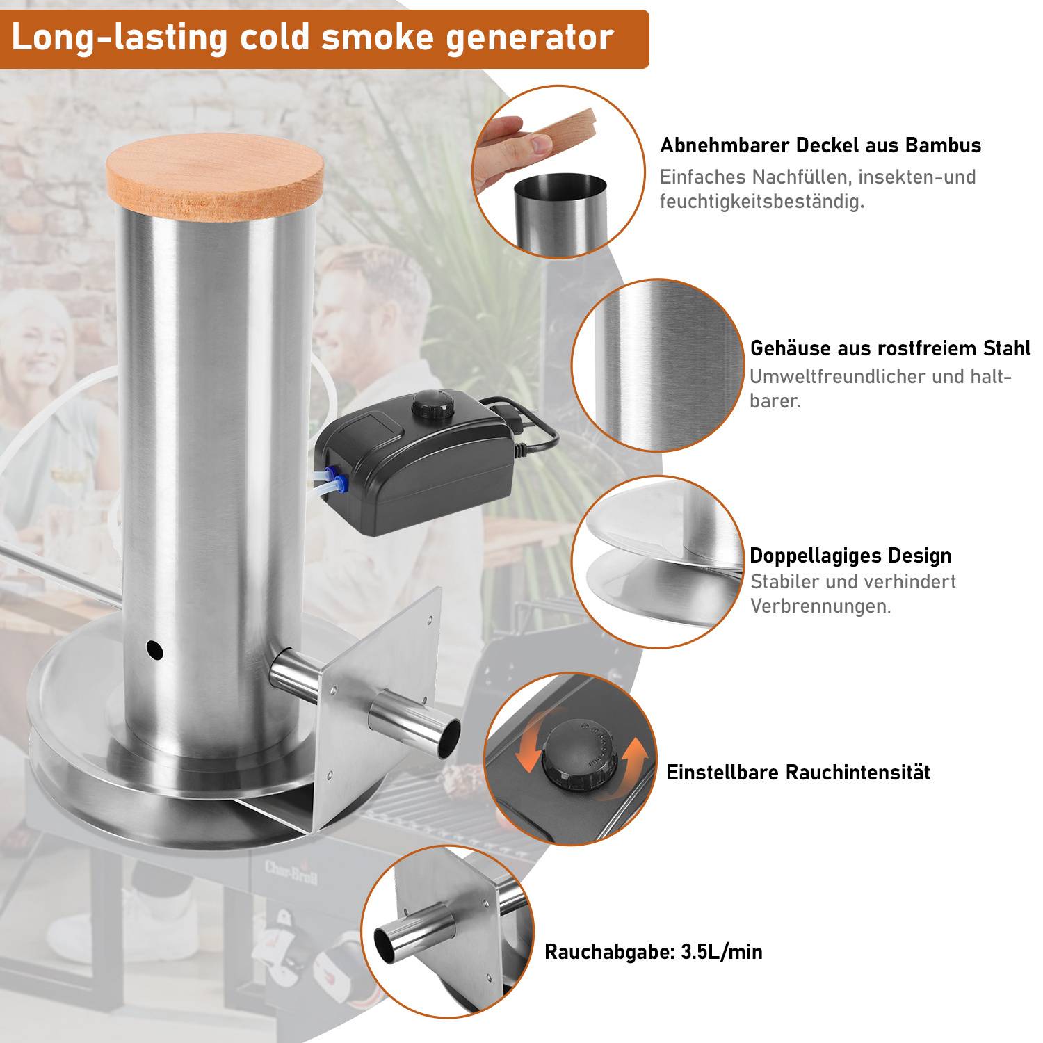 Elektrischer Pump Rauchrohr Edelstahl Kaltrauchgenerator 1,7 Liter Volumen Räuchergerät Kaltraucherzeuger BBQ Rauch-Erzeuger Grill