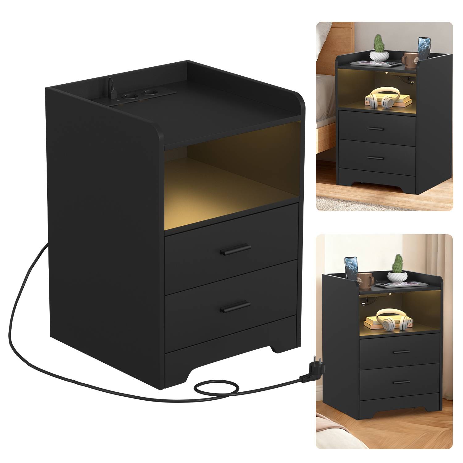 Nachttisch Sofatisch mit LED-Beleuchtung, Nachtschrank mit Ladestation Schwarz<br>(1-St), 2 Schubladen für Schlafzimmer, Wohnzimmer Schwarz