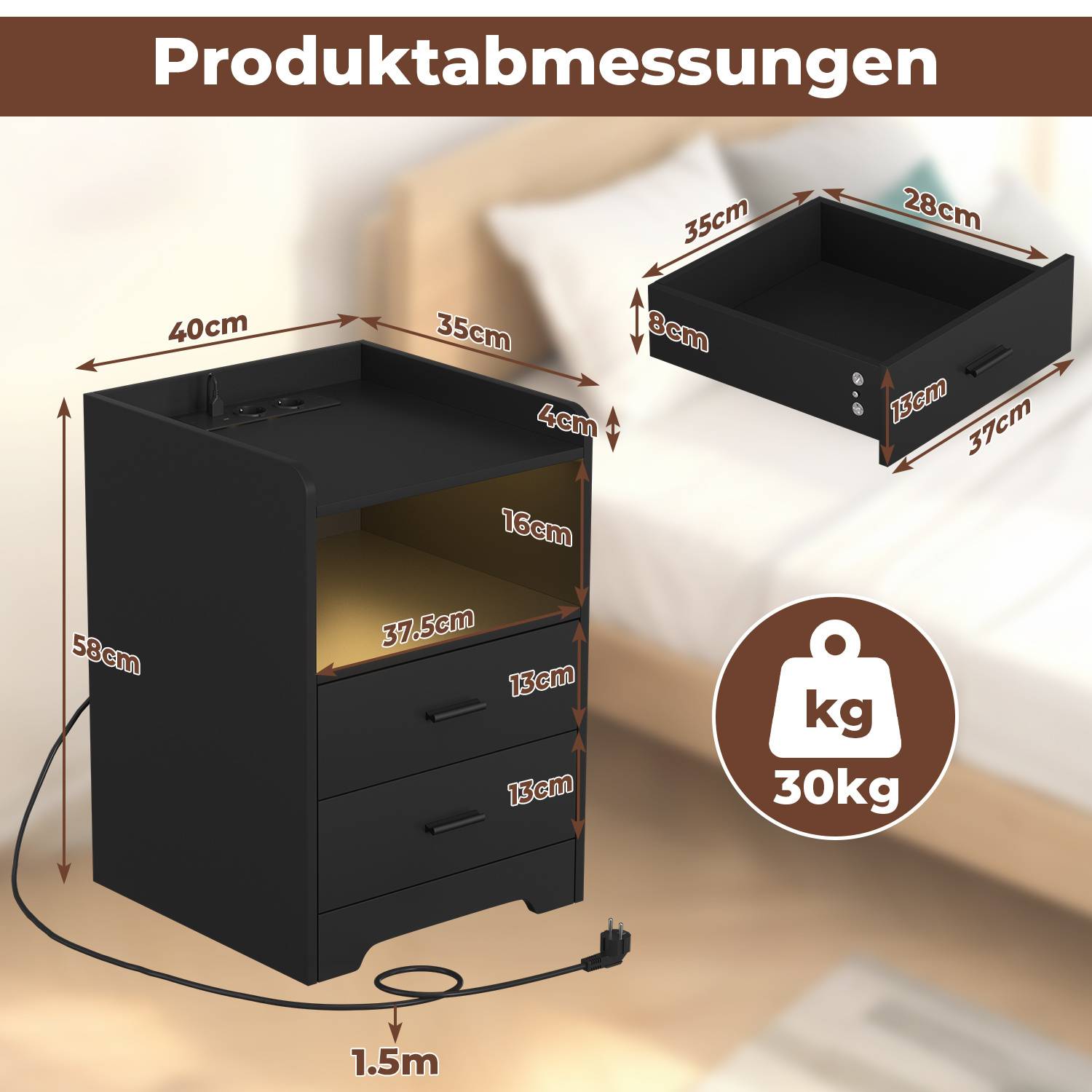 Nachttisch Sofatisch mit LED-Beleuchtung, Nachtschrank mit Ladestation Schwarz<br>(1-St), 2 Schubladen für Schlafzimmer, Wohnzimmer Schwarz