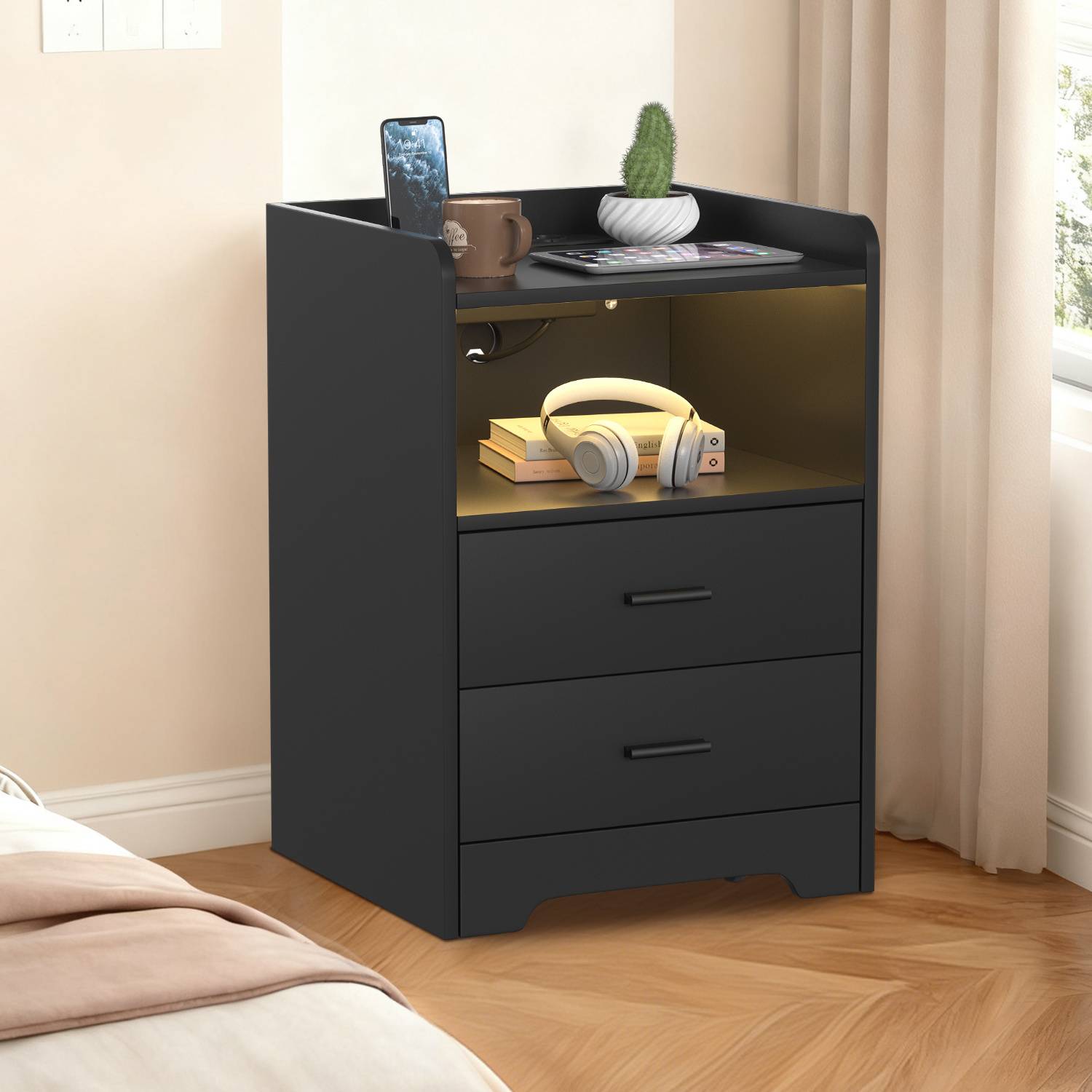 Nachttisch Sofatisch mit LED-Beleuchtung, Nachtschrank mit Ladestation Schwarz<br>(1-St), 2 Schubladen für Schlafzimmer, Wohnzimmer Schwarz