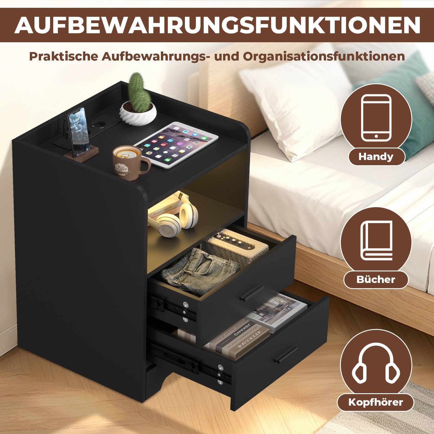 Nachttisch Sofatisch mit LED-Beleuchtung, Nachtschrank mit Ladestation Schwarz<br>(1-St), 2 Schubladen für Schlafzimmer, Wohnzimmer Schwarz