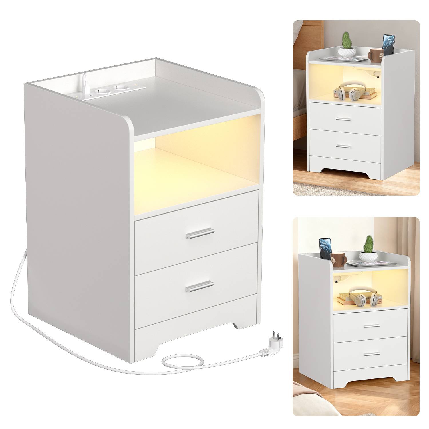 Nachttisch Sofatisch mit LED-Beleuchtung, Nachtschrank mit Ladestation Weiß<br>(1-St), 2 Schubladen für Schlafzimmer, Wohnzimmer Weiß
