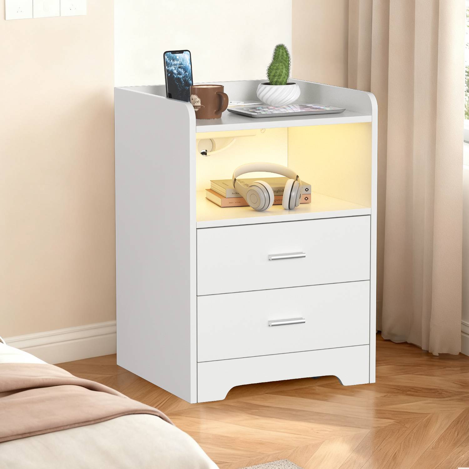 Nachttisch Sofatisch mit LED-Beleuchtung, Nachtschrank mit Ladestation Weiß<br>(1-St), 2 Schubladen für Schlafzimmer, Wohnzimmer Weiß