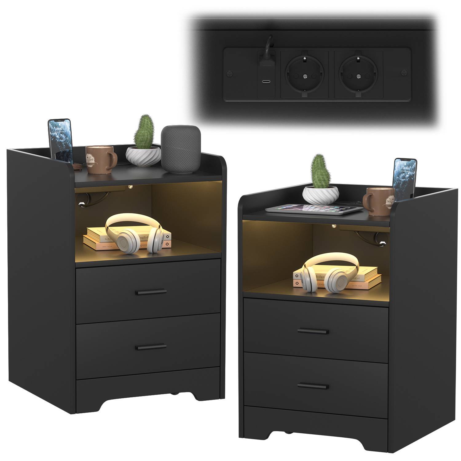 Nachttisch Sofatisch mit LED-Beleuchtung, Nachtschrank mit Ladestation Schwarz 2pcs<br>(2-St), 2 Schubladen für Schlafzimmer, Wohnzimmer Schwarz